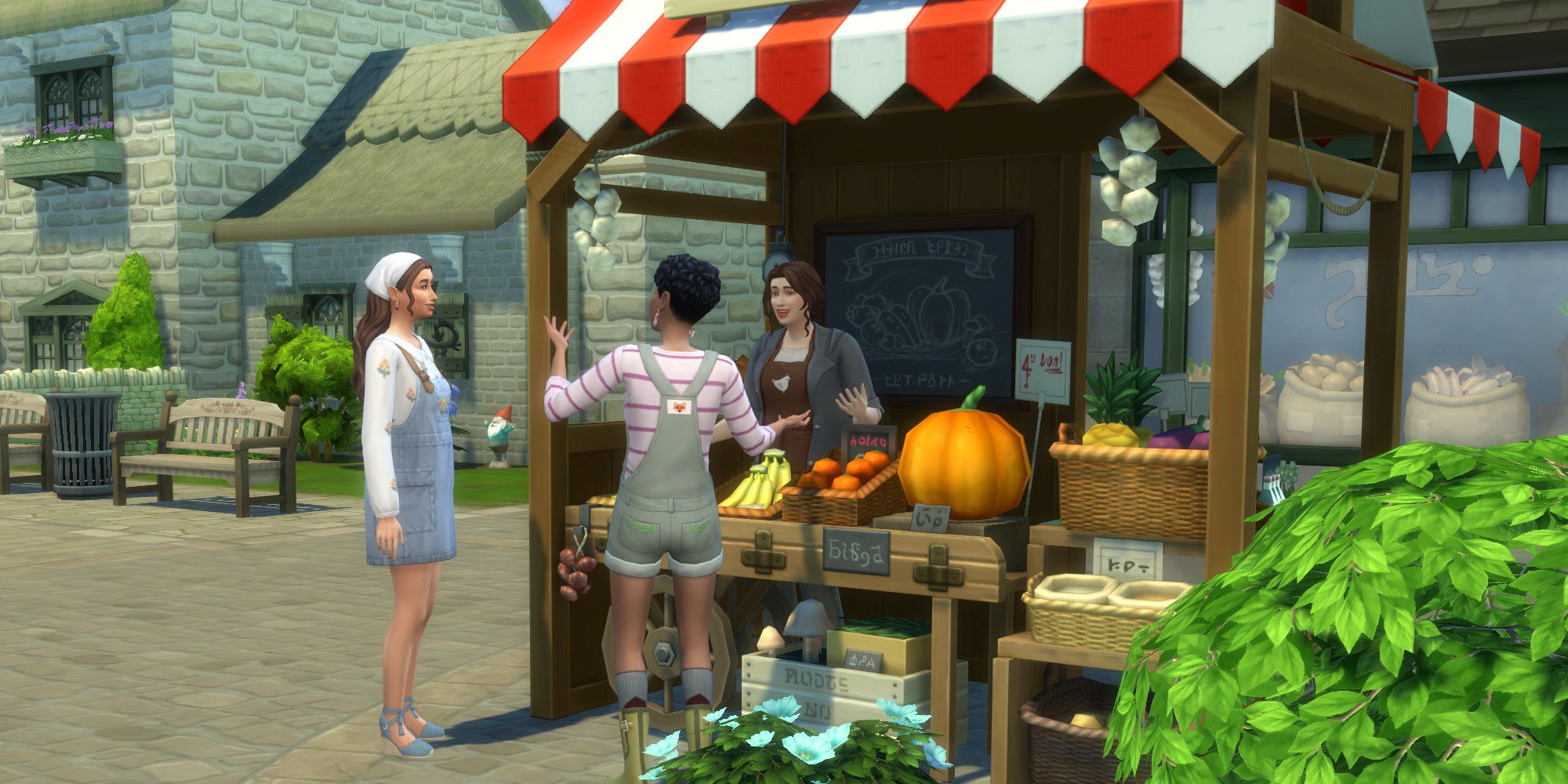 Sims 4 cottage grocery stall chatting with the vendor