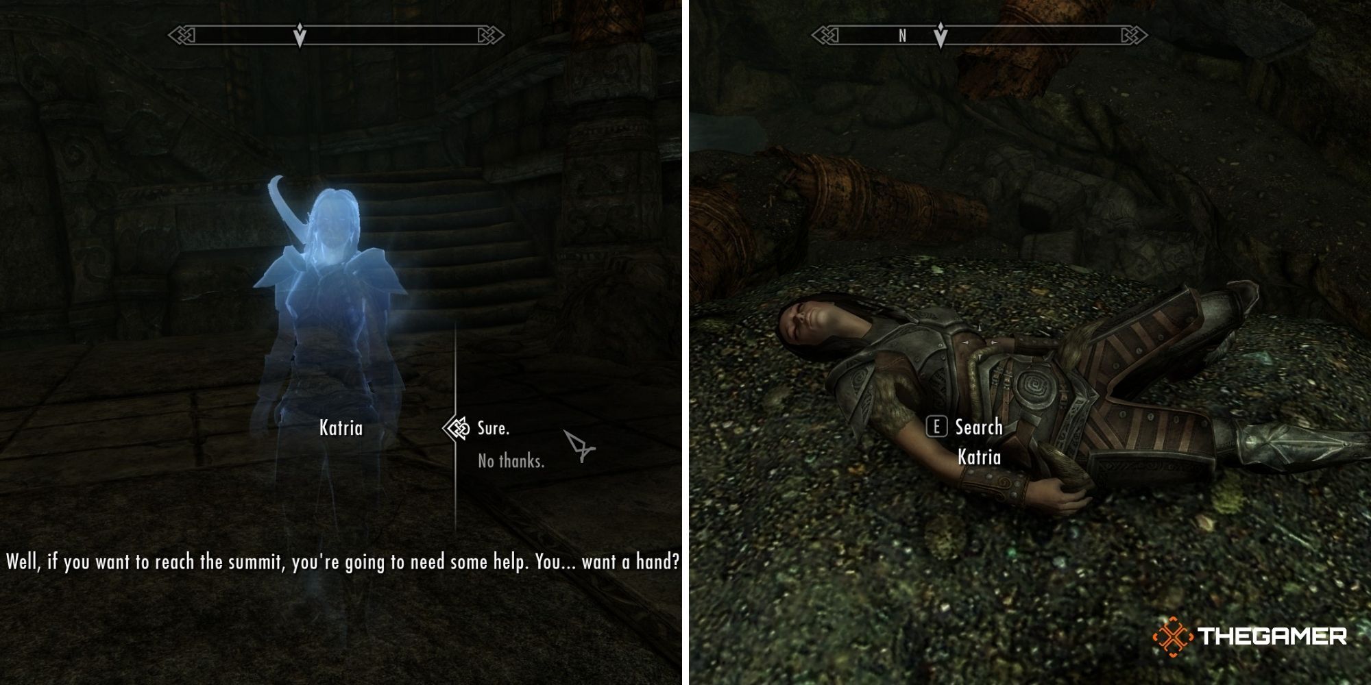 Skryim - Lost to the Ages Quest Walkthrough (left talking to ghost Katria) (right Katria's dead body)
