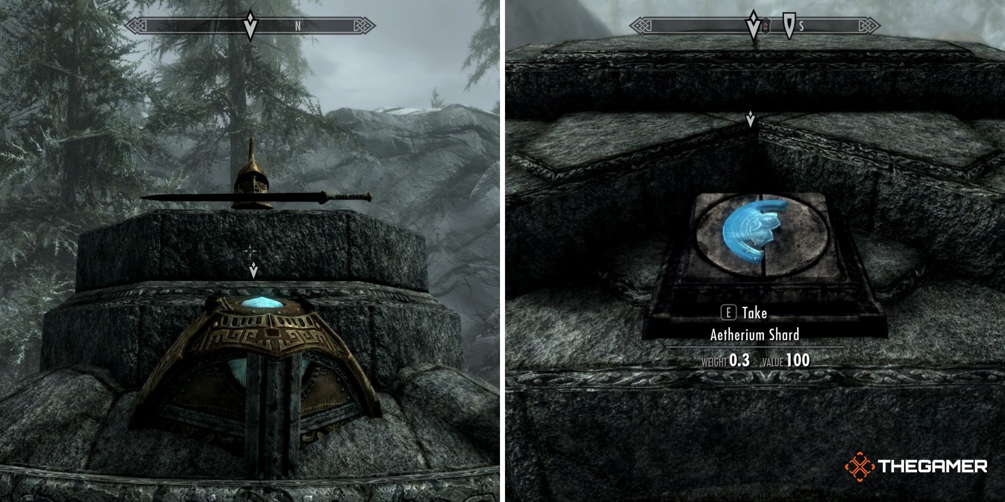 Skryim - Lost to the Ages Quest Walkthrough, Deep Folk Crossing (left - Dwarven Helmet and Sword) (right - Aetherium Shard)