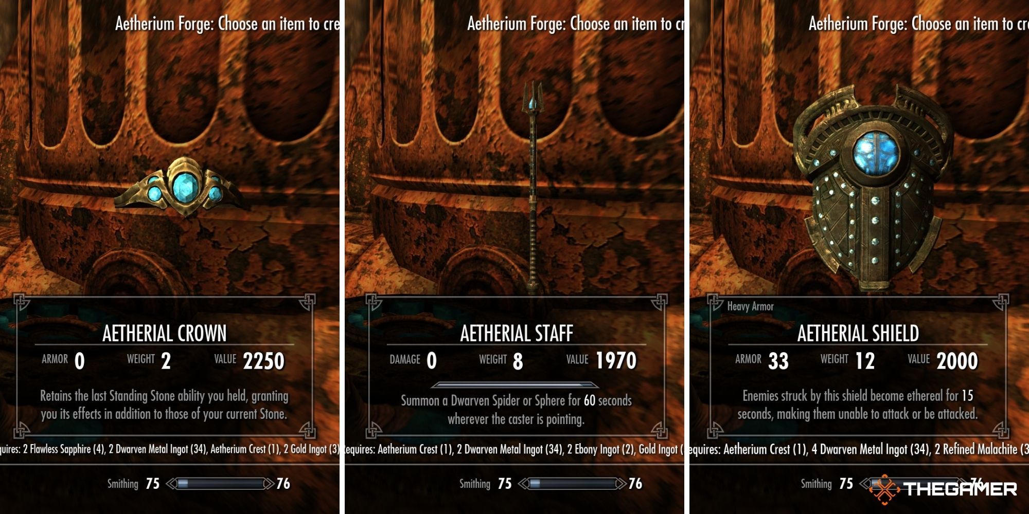 Skryim - Lost to the Ages Quest Walkthrough, Possible Aetherial Items (left - aetherial crown) (centre - aetherial staff) (right - aetherial shield)