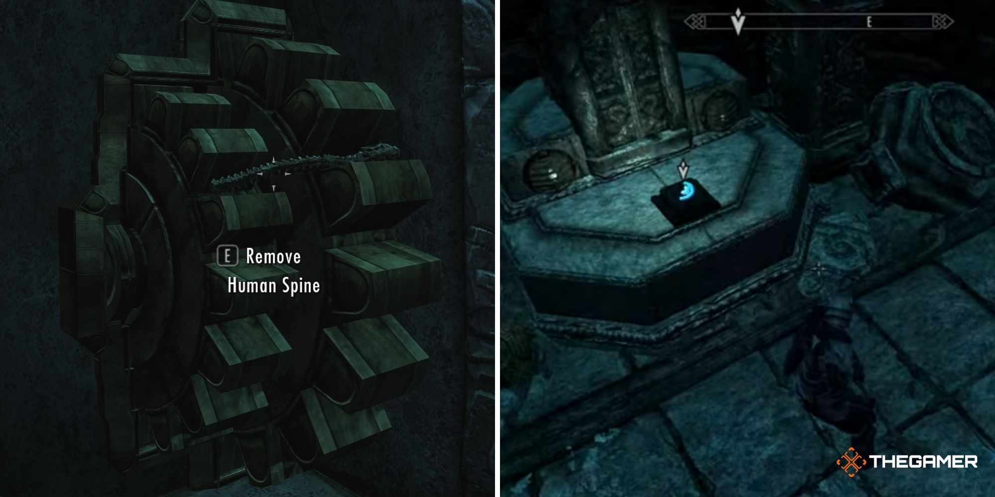 Skryim - Lost to the Ages Quest Walkthrough, Raldbthar (left - human spine caught in gear) (right - Aetherium Shard)