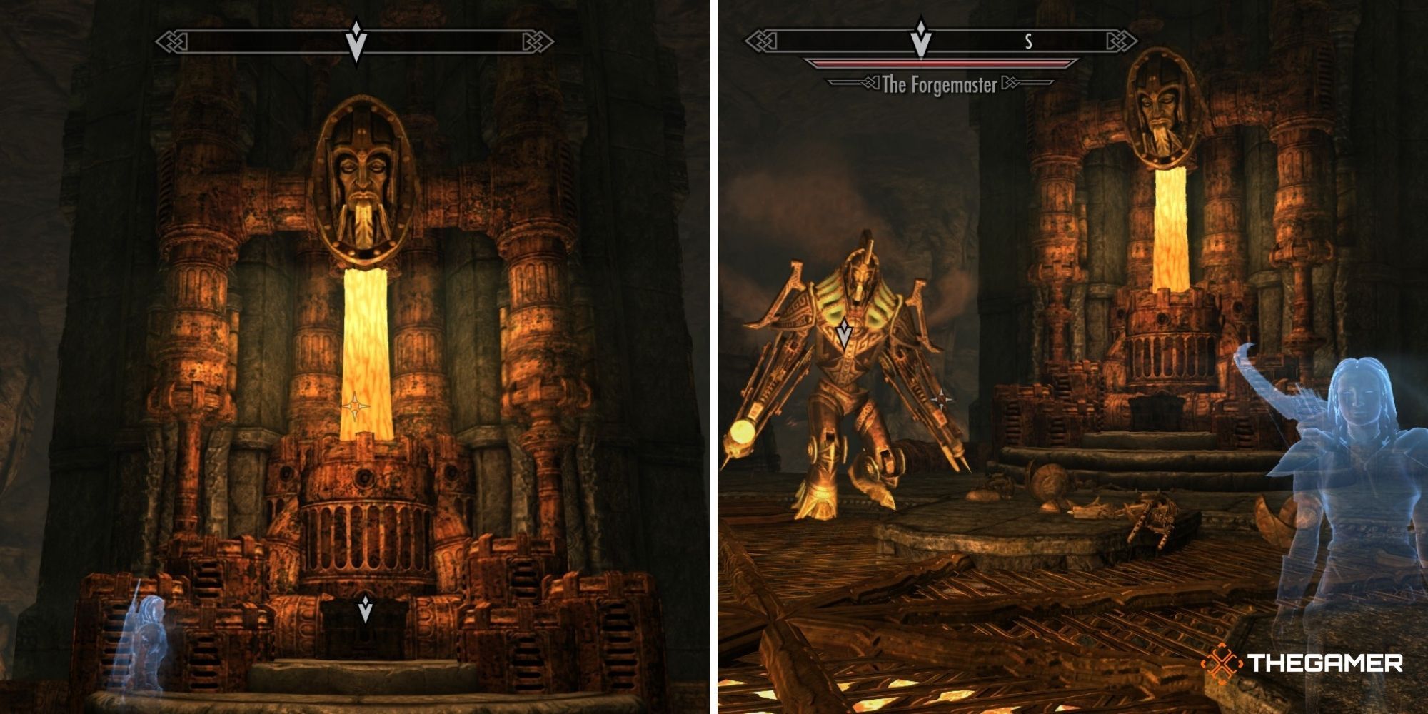 Skryim - Lost to the Ages Quest Walkthrough, The Forge (left - the Aetherium Forge) (right - the Forgemaster attacking)