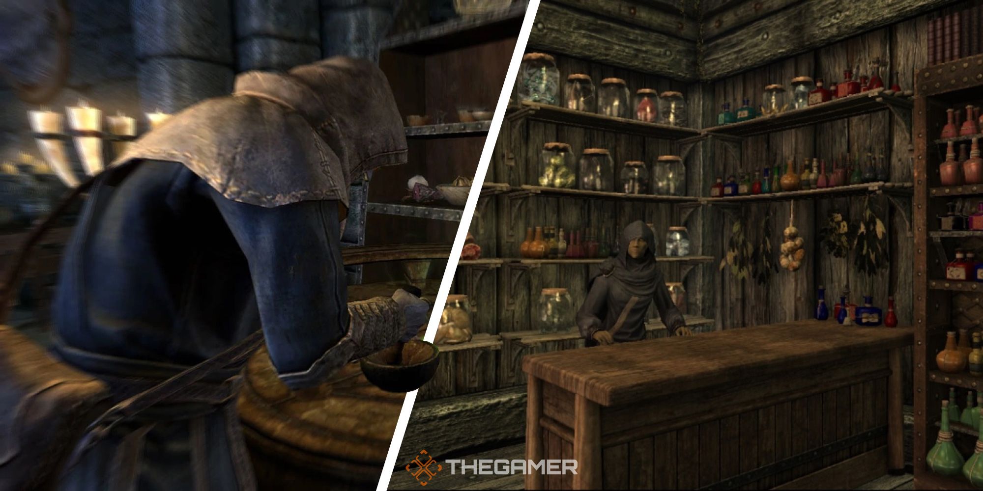 Skyrim: A split image of the player crafting an alchemy item on the left and an alchemist merchant on the right