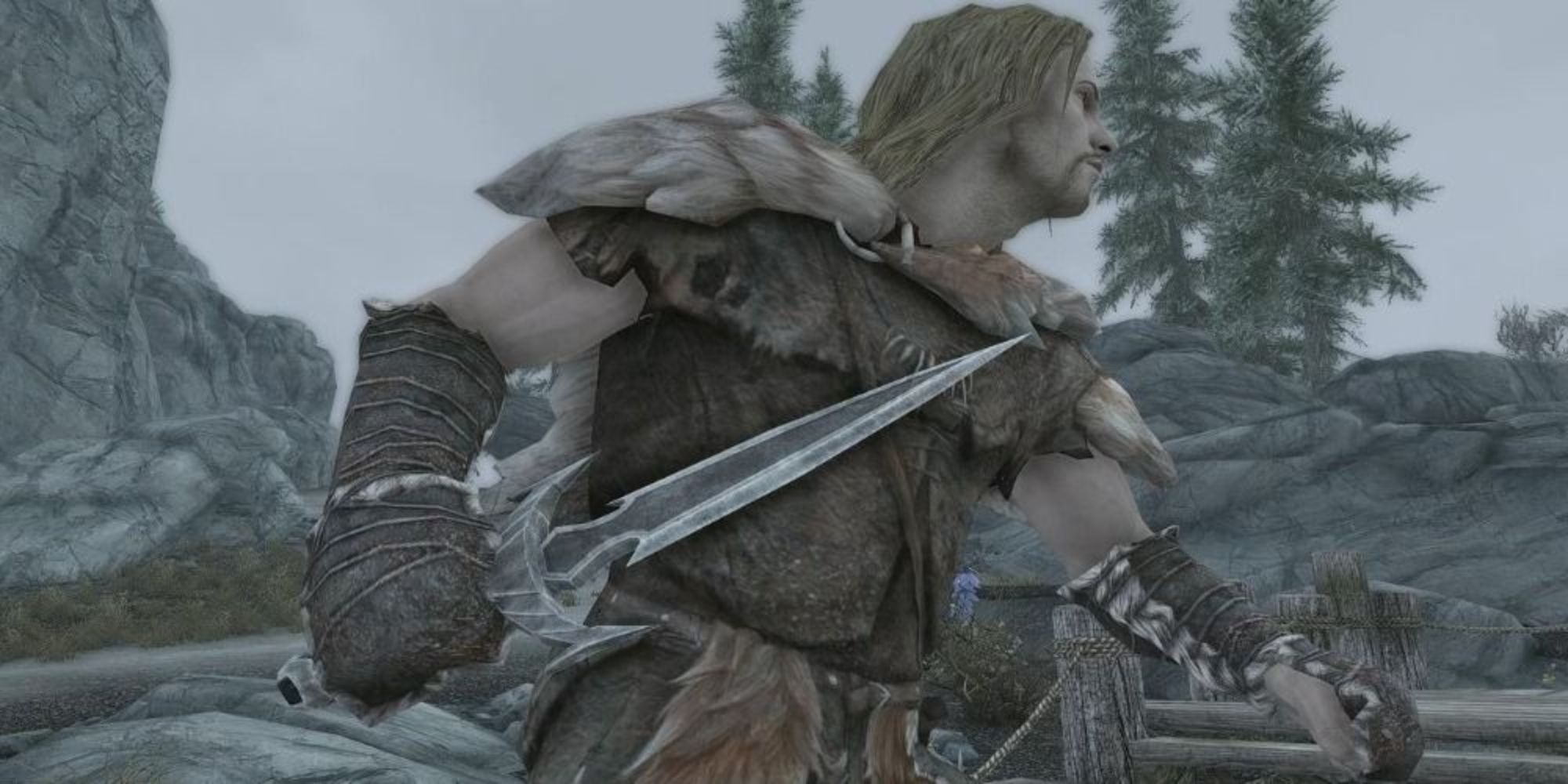 Skyrim Character Holding The Mehrunes' Razor Weapon Outside