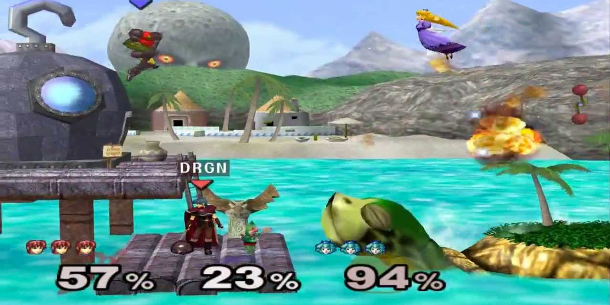 Samus, Marth and Peach do battle on Termina's Great Bay in Super Smash Bros. Melee