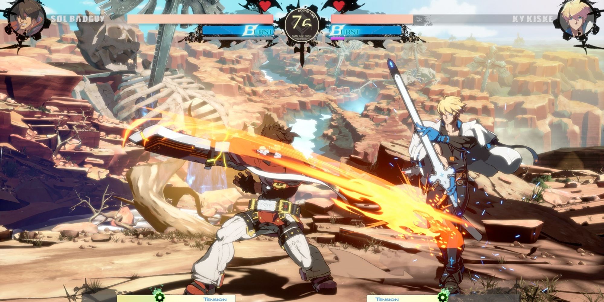 Sol attacks his rival, Ky, with a forward slash in Guilty Gear Strive