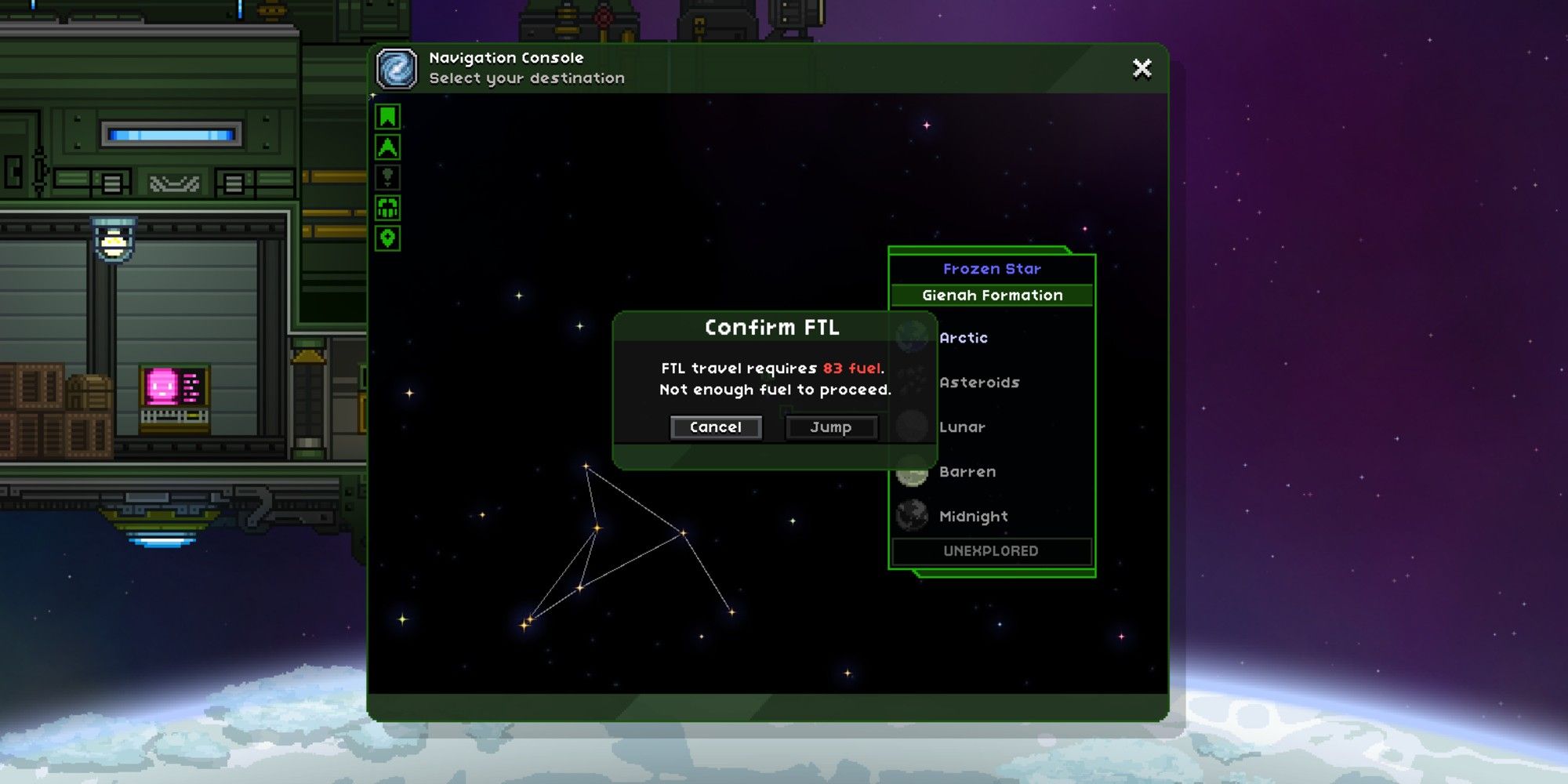 navigation panel for starbound, showing that the player does not have enough fuel