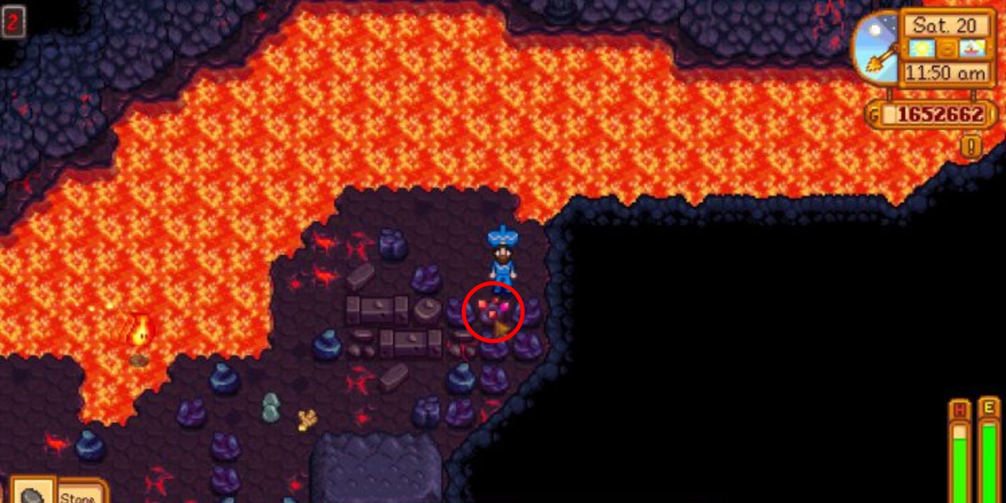 player standing near cinder shard node that is circled