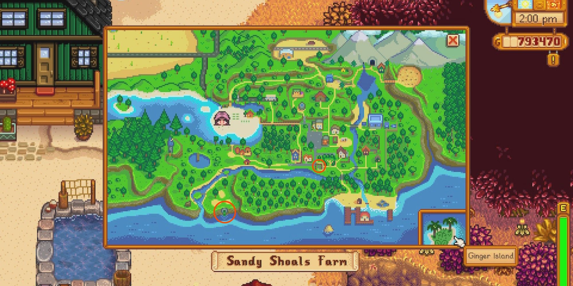 Stardew Map with Sewers circled