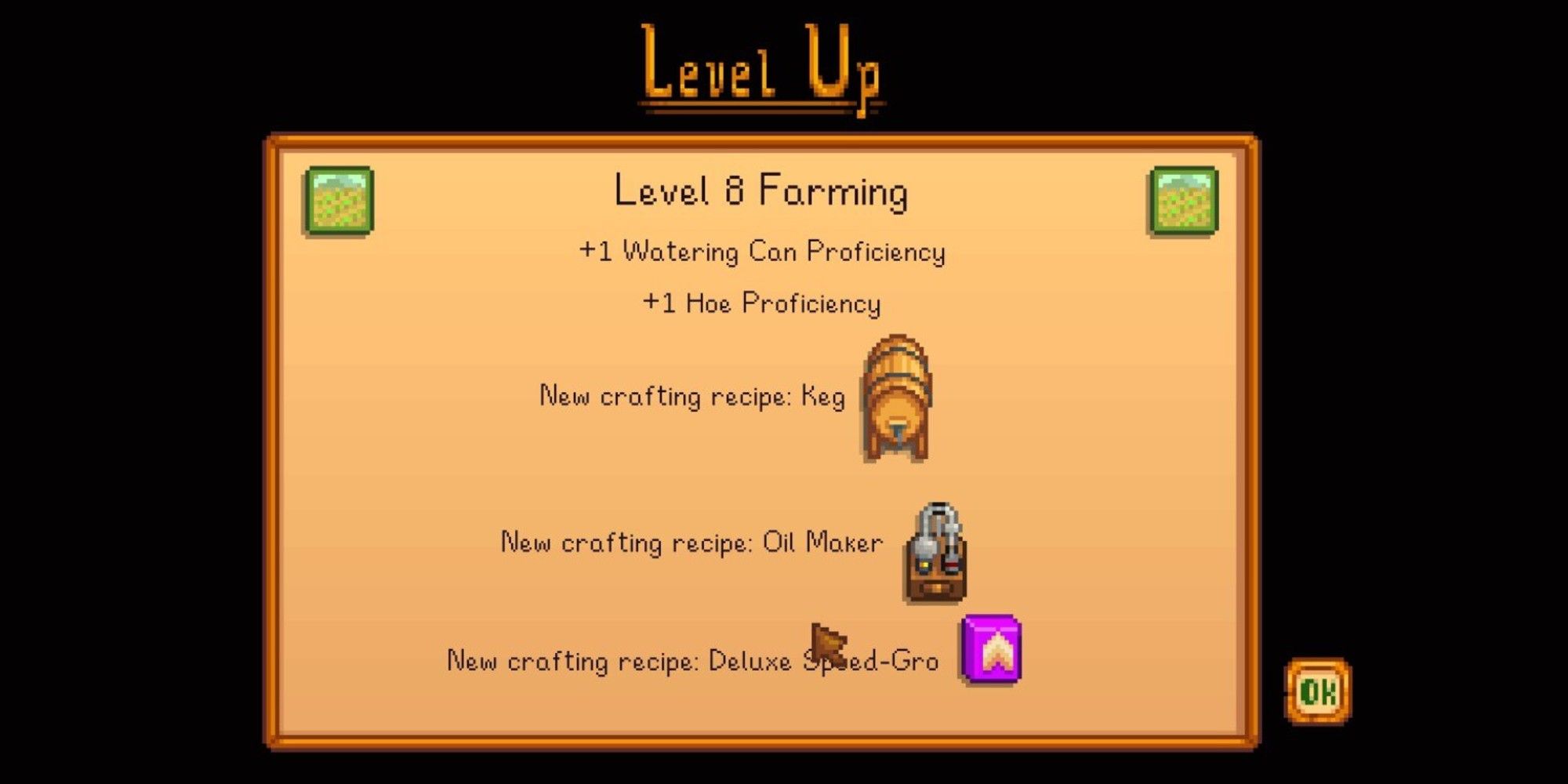 leveling up screen for level 8, where player learns to make keg, oil maker, and deluxe speed-gro