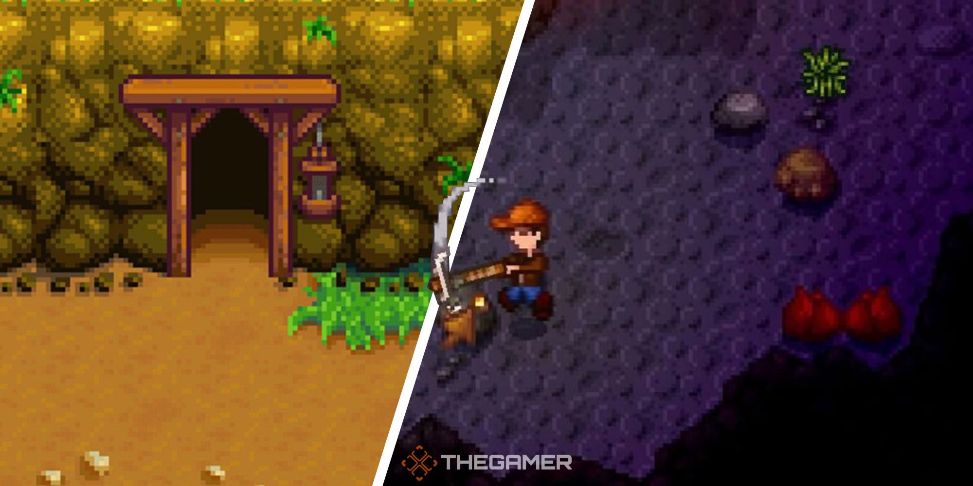 Split image of how to farm ore in Stardew Valley