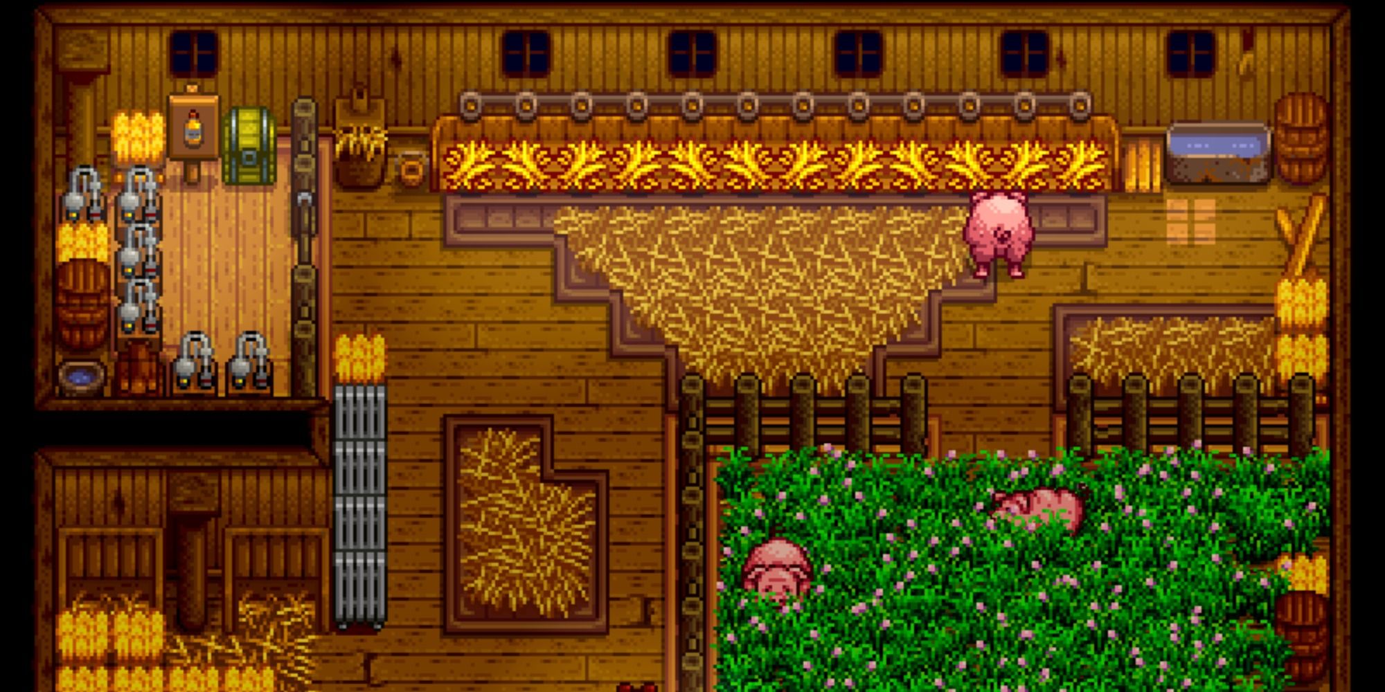 Stardew Valley barn full of pigs, grass and multiple oil presser machines