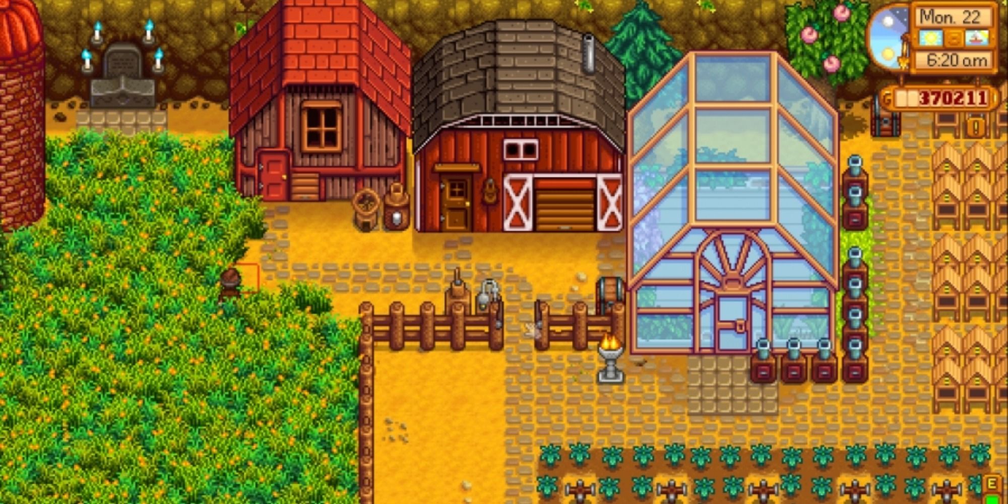 Stardew Valley a barn and a coop with plenty of space and grass for grazing animals