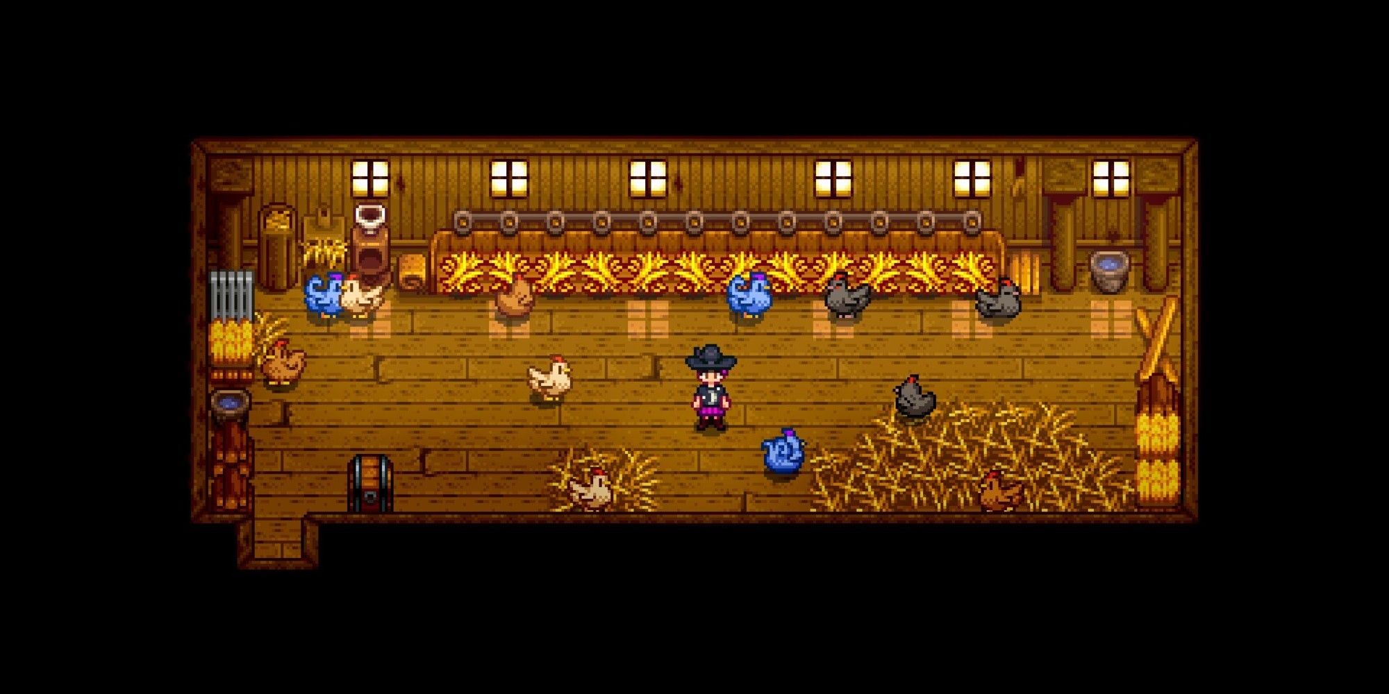 player surrounded by chickens in coop