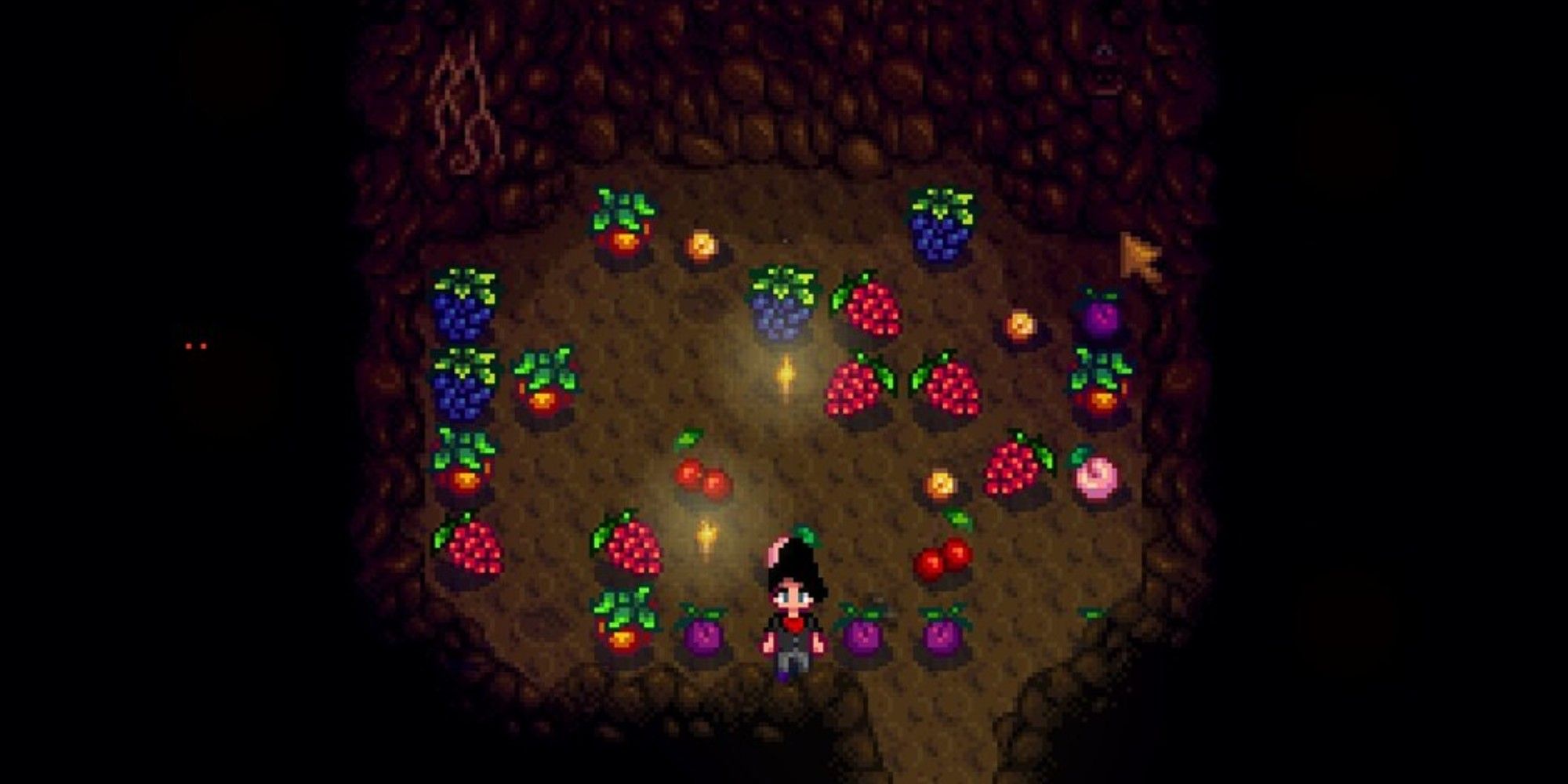 farm cave with player standing among fruits