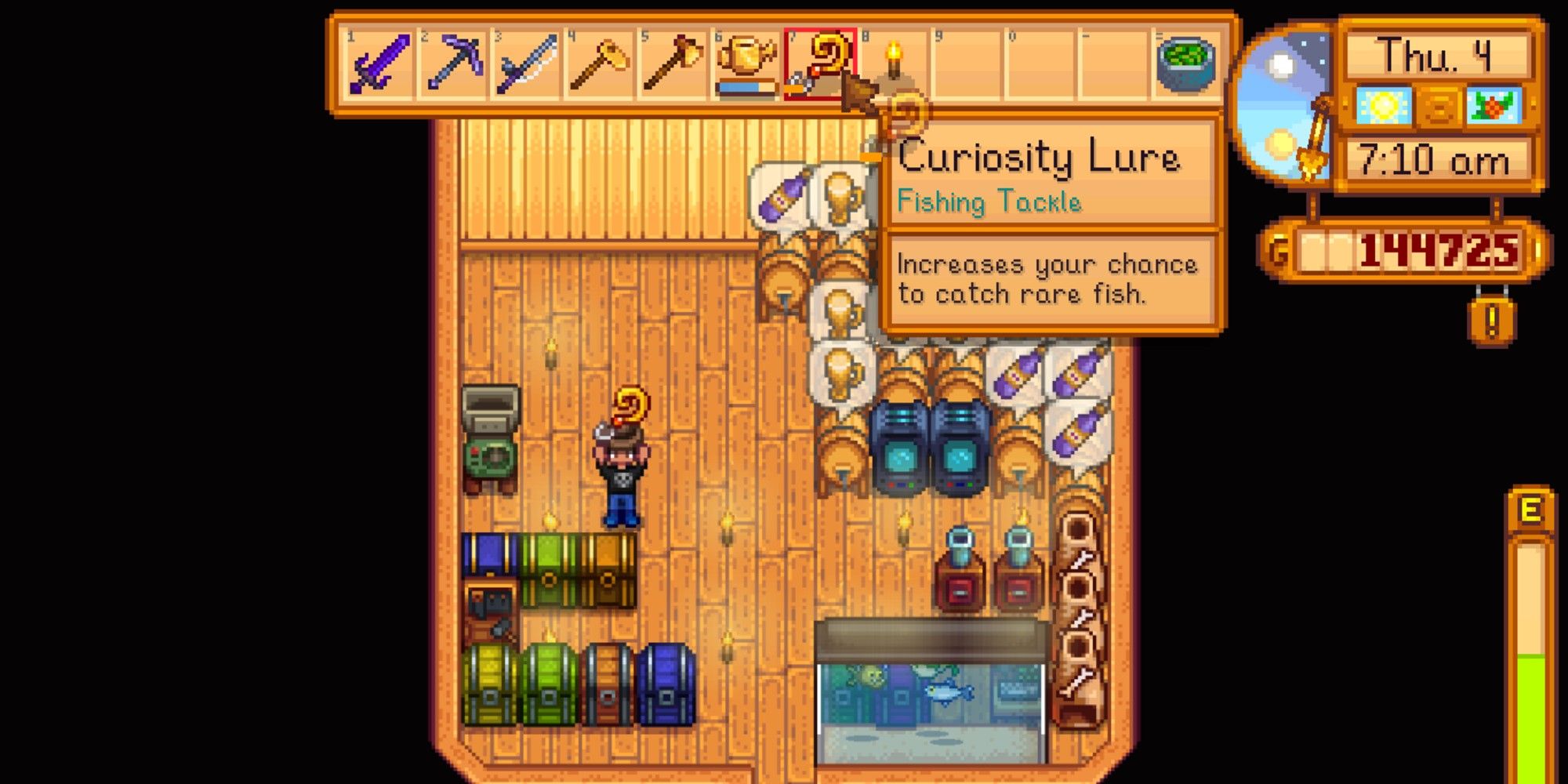 player in shed holding curiosity lure