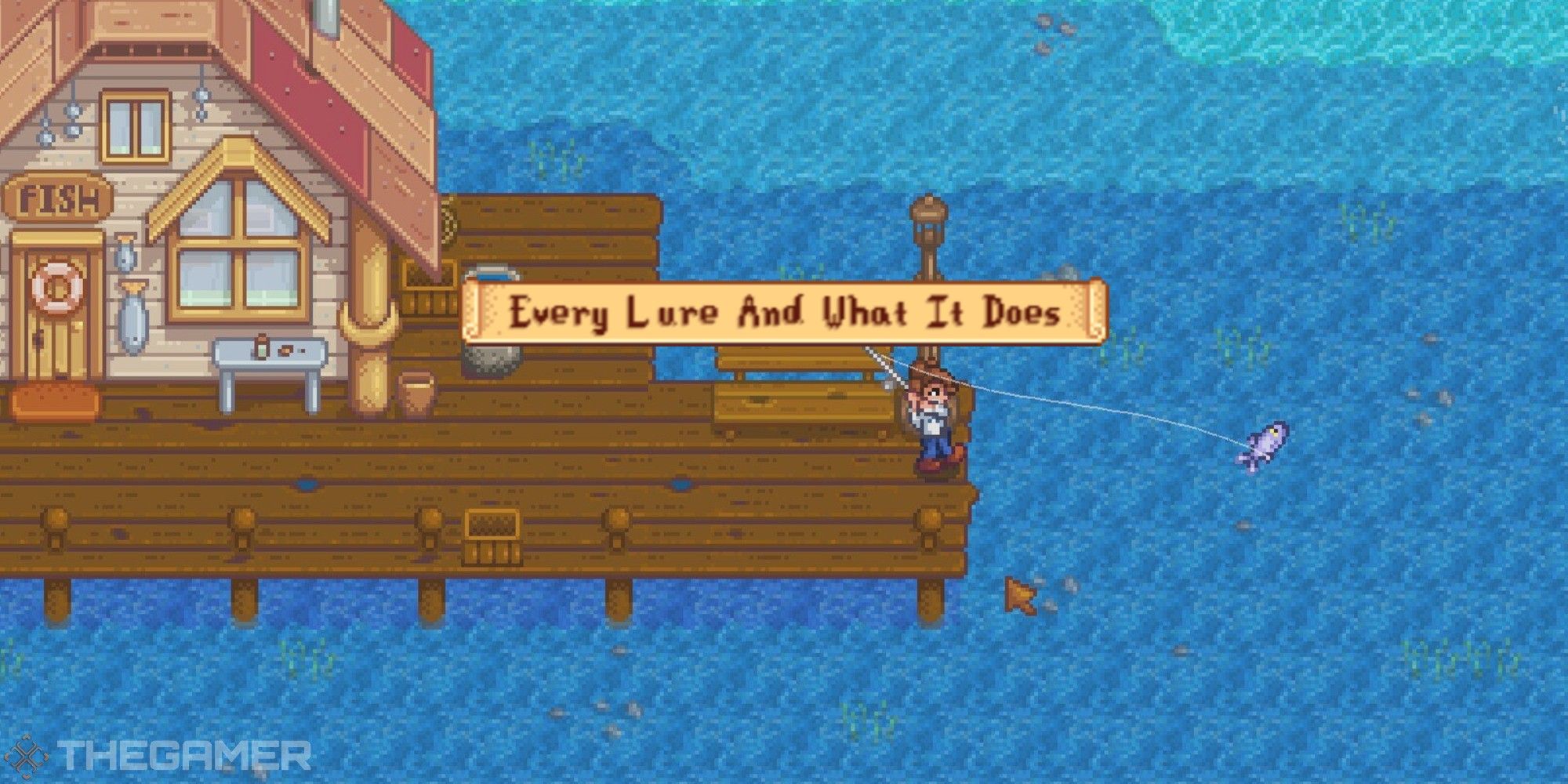 stardew valley player fishing with text 'every lure and what it does'