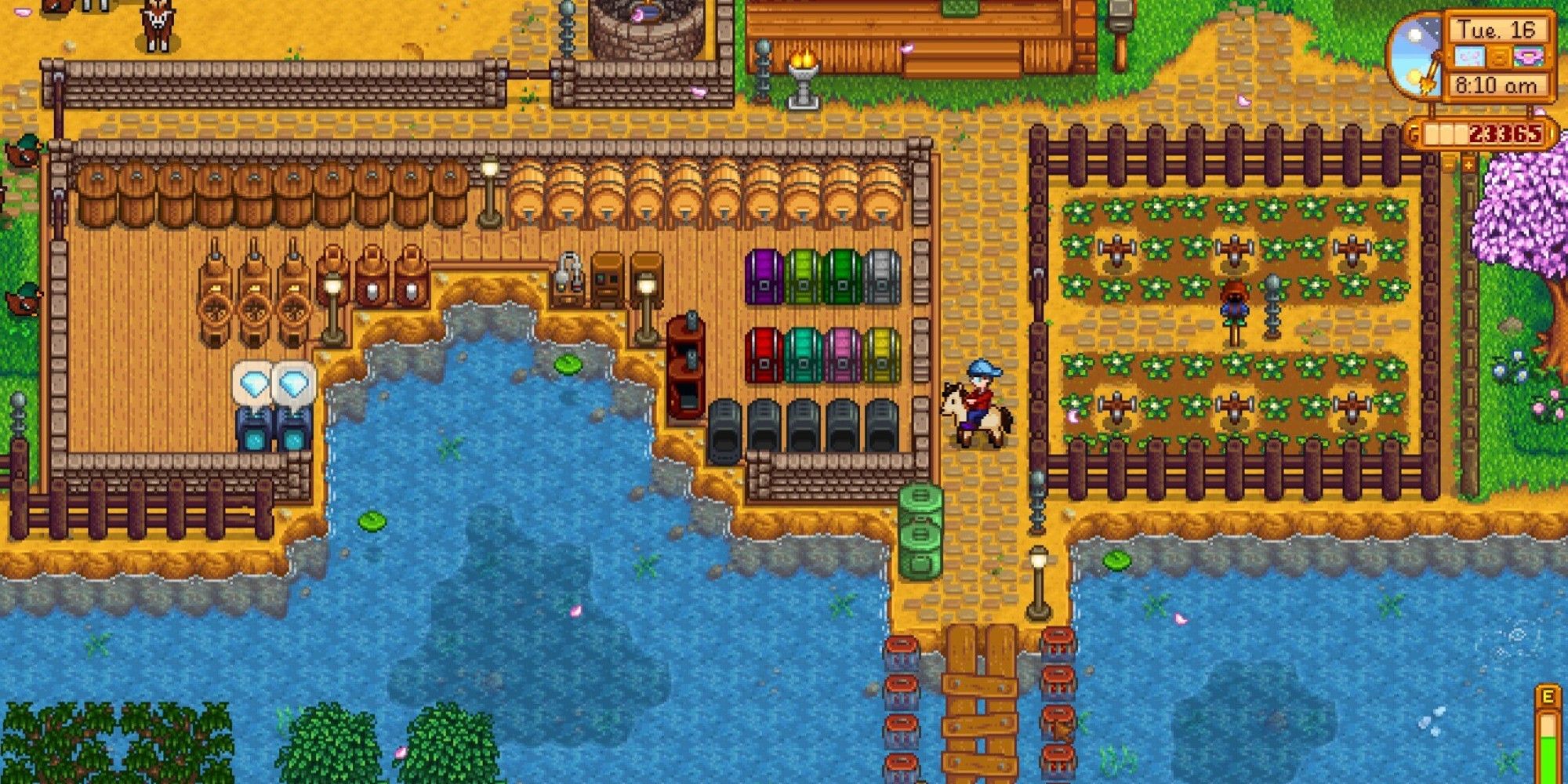 player on horse, looking towards large crafting area