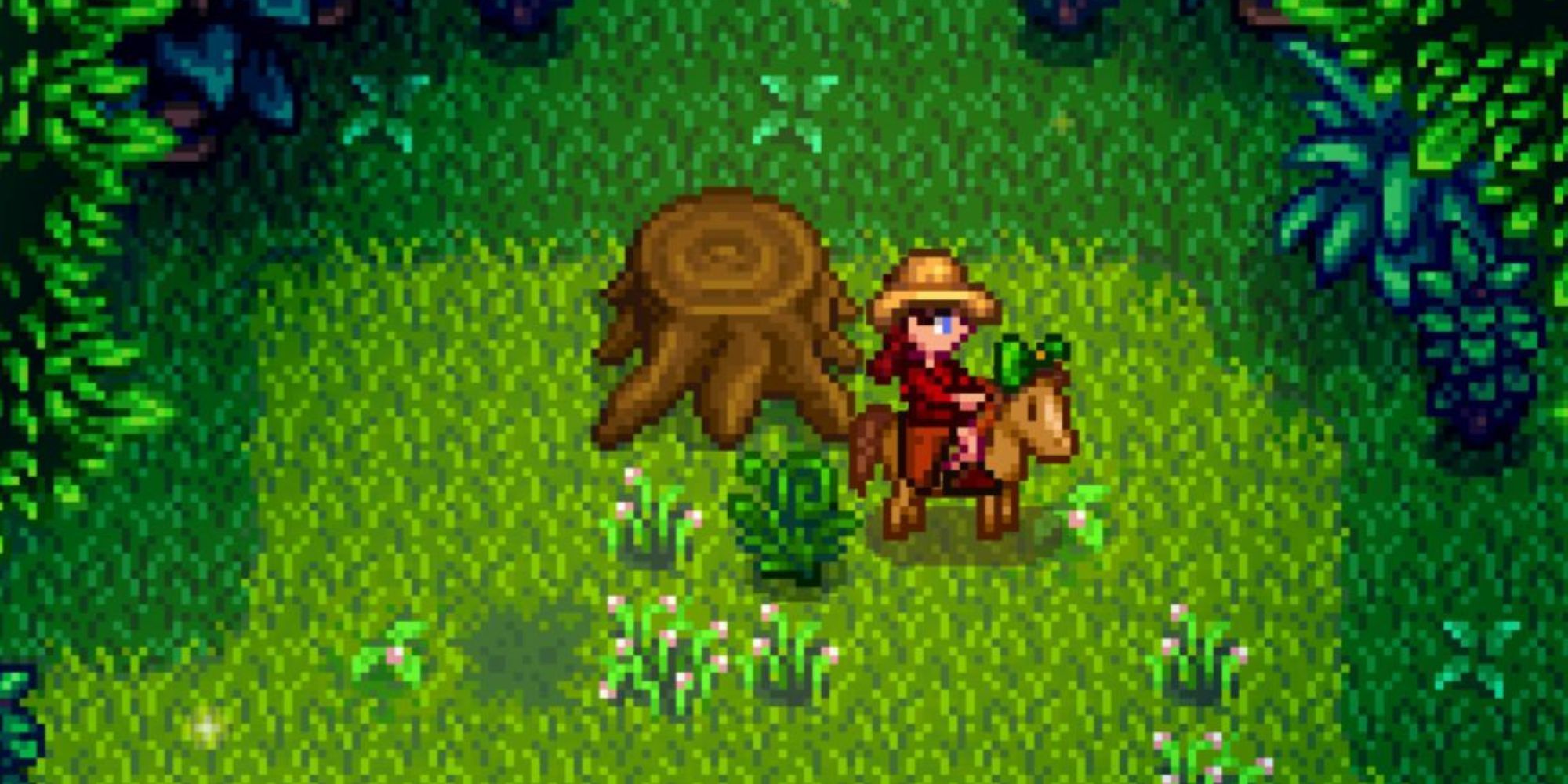 Character on horse in forest by tree stump with item on ground