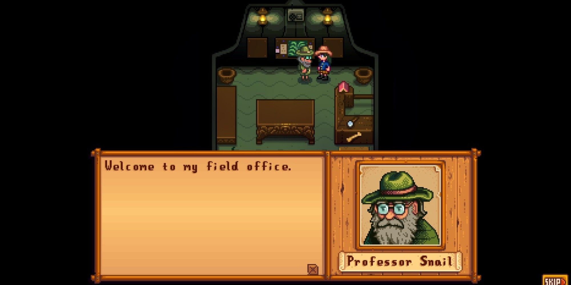 player standing in field office with professor snail talking 