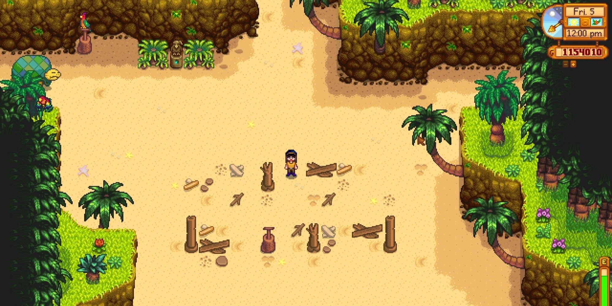 A player standing on the beach of the initial landing on Ginger Island
