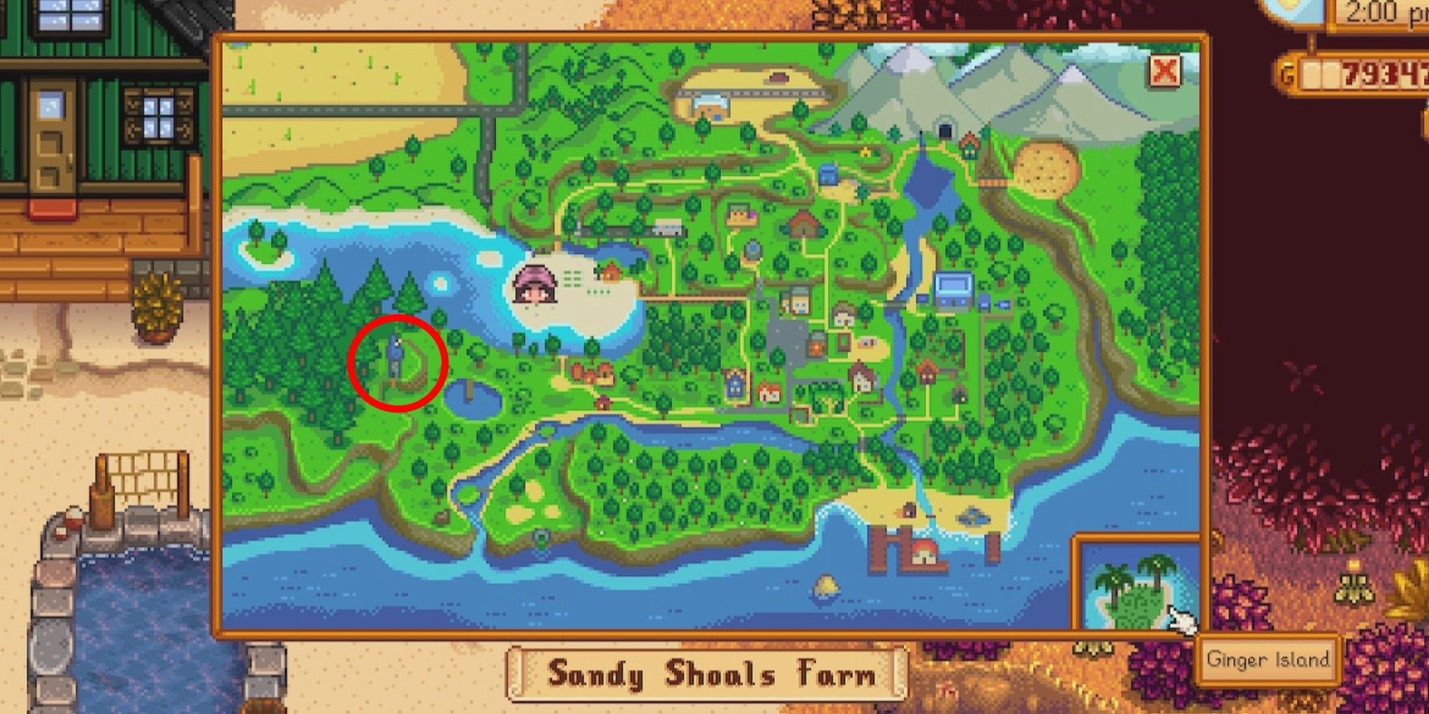 map with player on farm and wizards tower circled