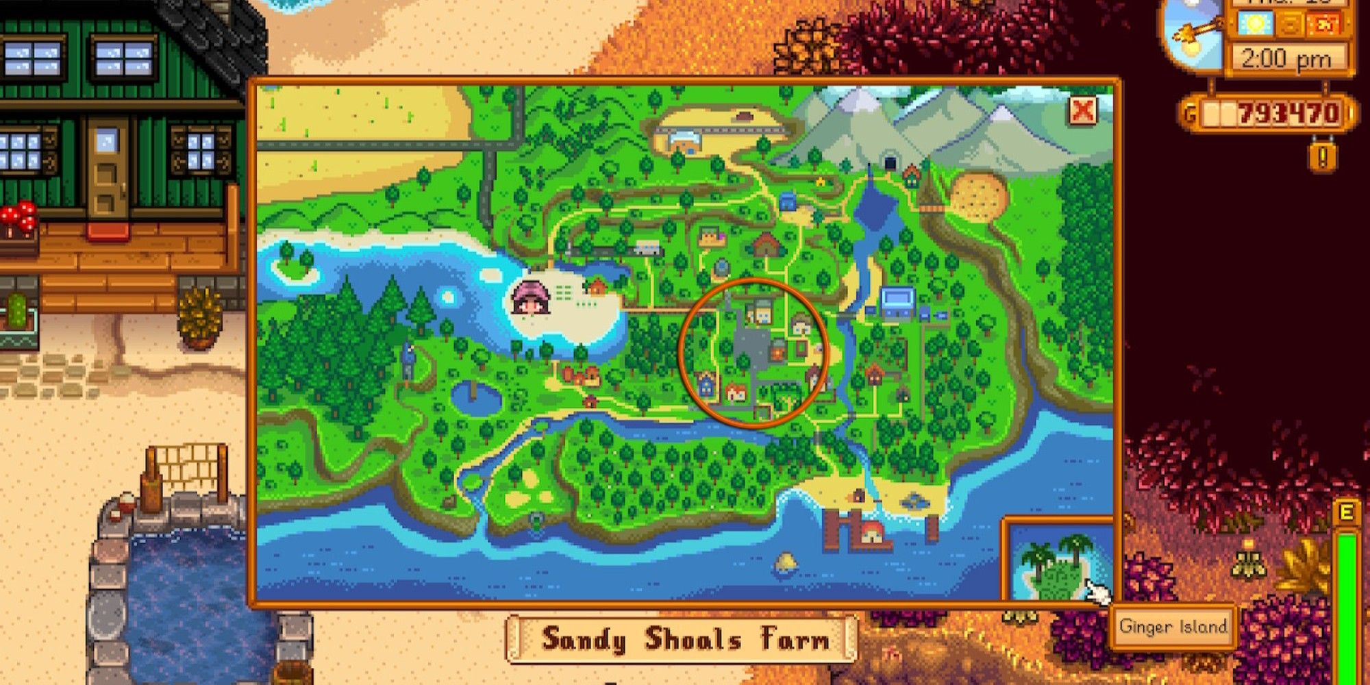 map of stardew valley with pelican town circled for egg festival location
