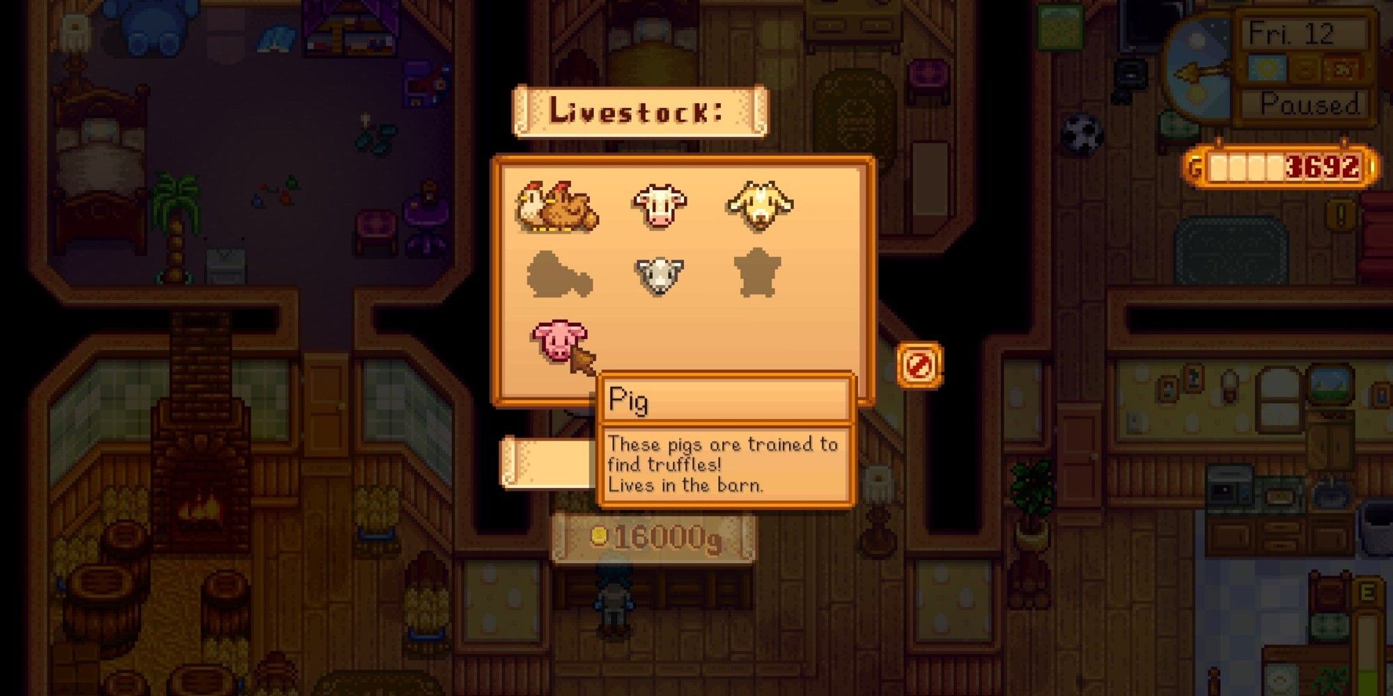 player interacting with livestock purchasing page, with pig highlighted