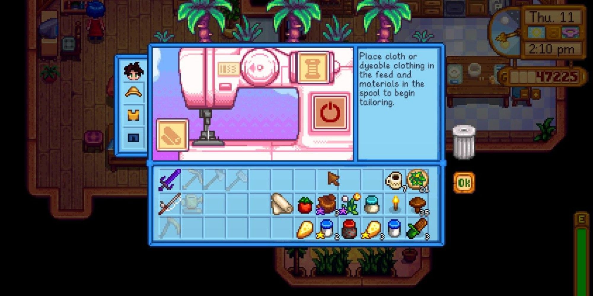 player interacting with sewing machine menu