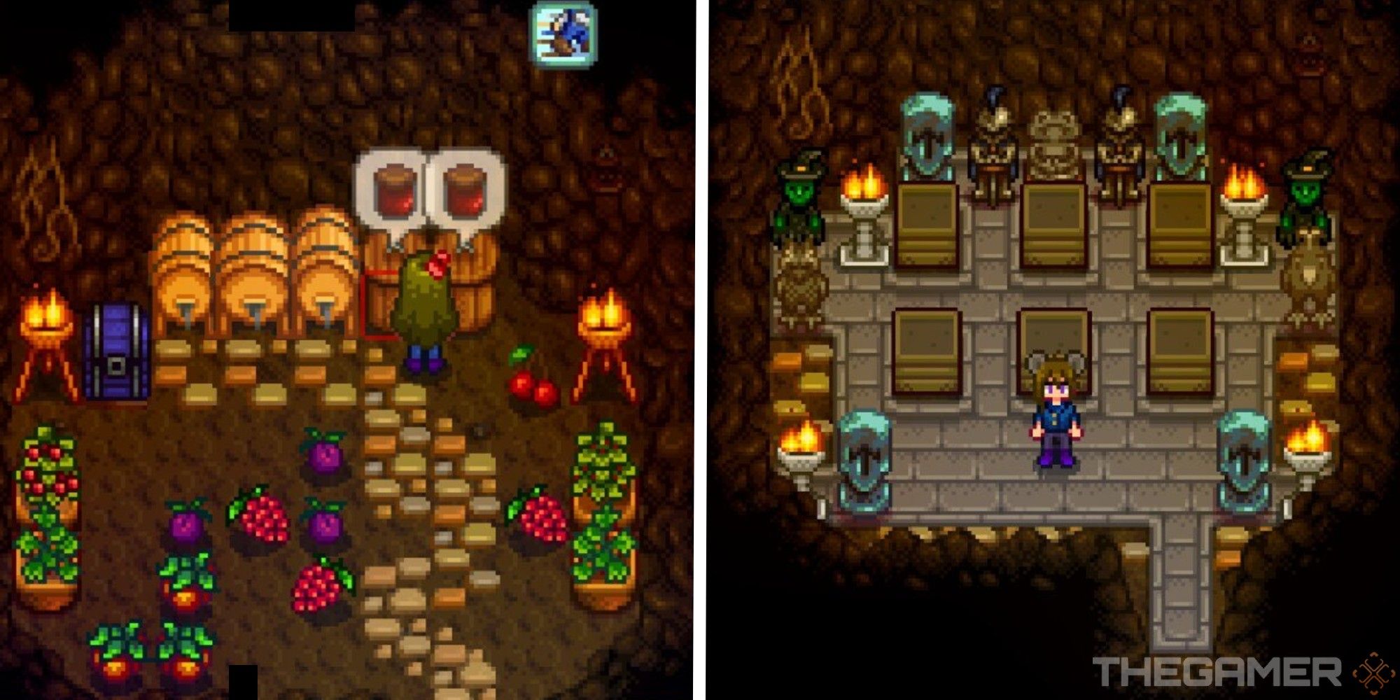cave with fruits and kegs cropped next to cave with mushroom planters and tombstones