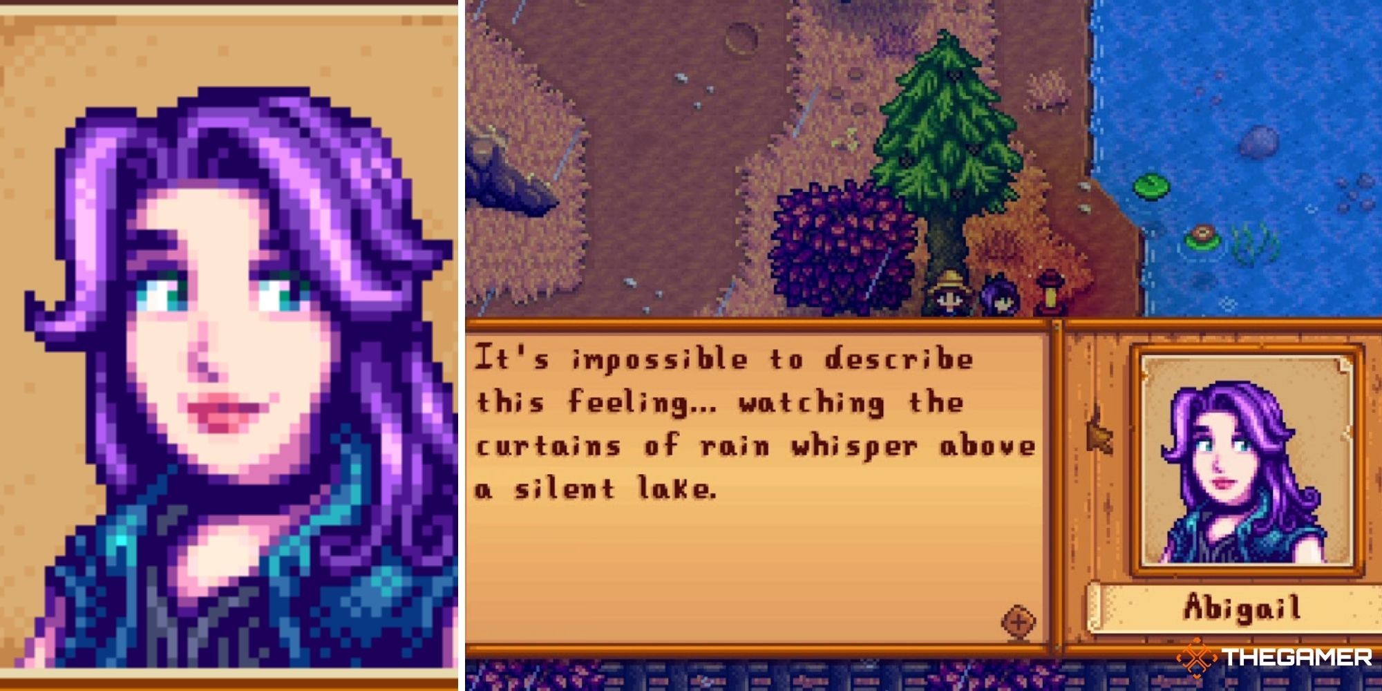 Stardew Valley Split Image - Abigail (left - closeup of face) (right - textbox of character talking)