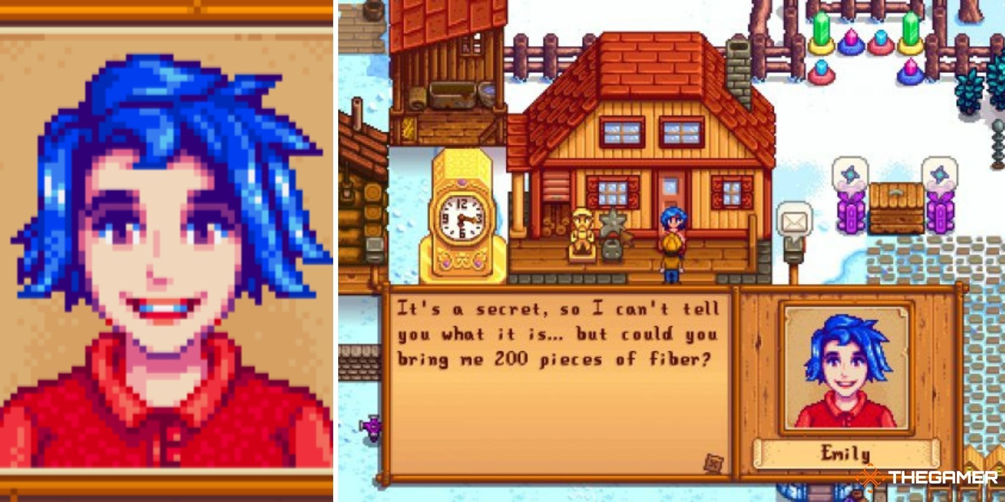 Stardew Valley Split Image - Emily (left - closeup of face) (right - textbox of character talking)