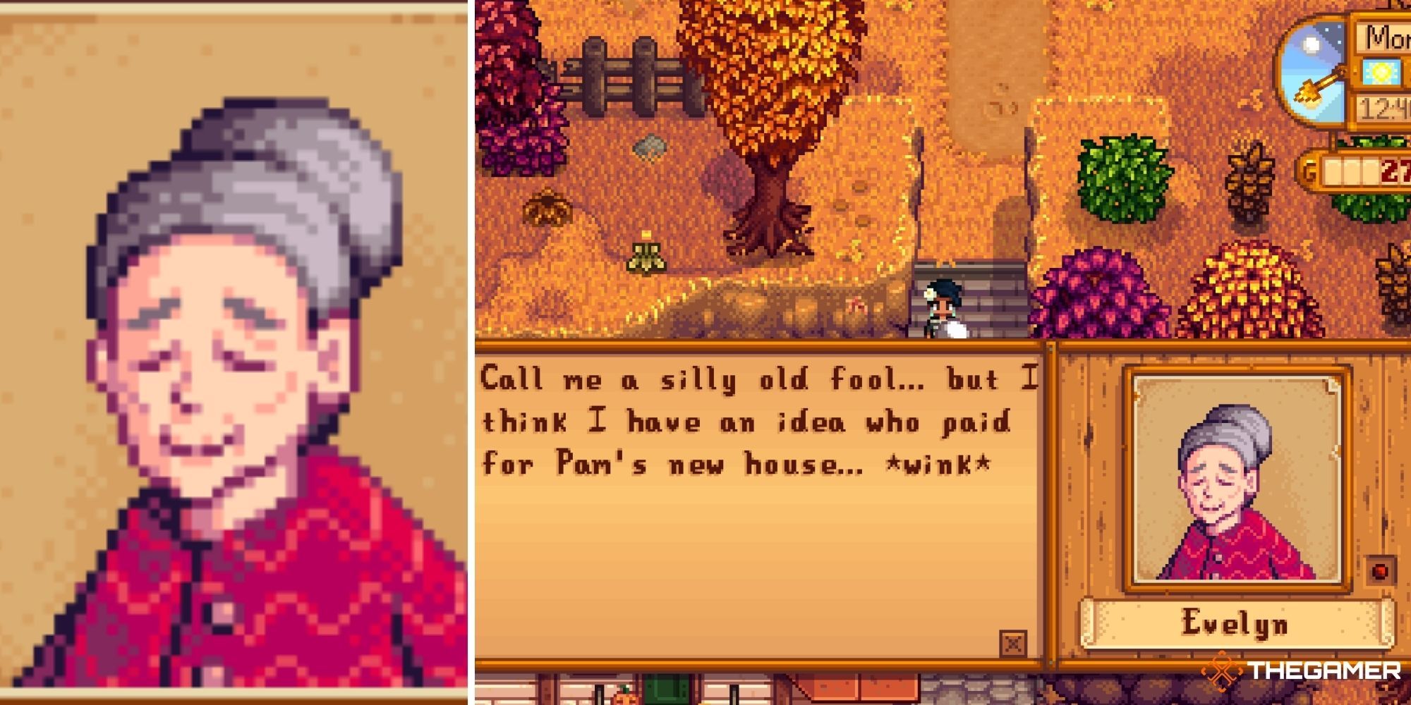 Stardew Valley Split Image - Evelyn (left - closeup of face) (right - textbox of character talking)