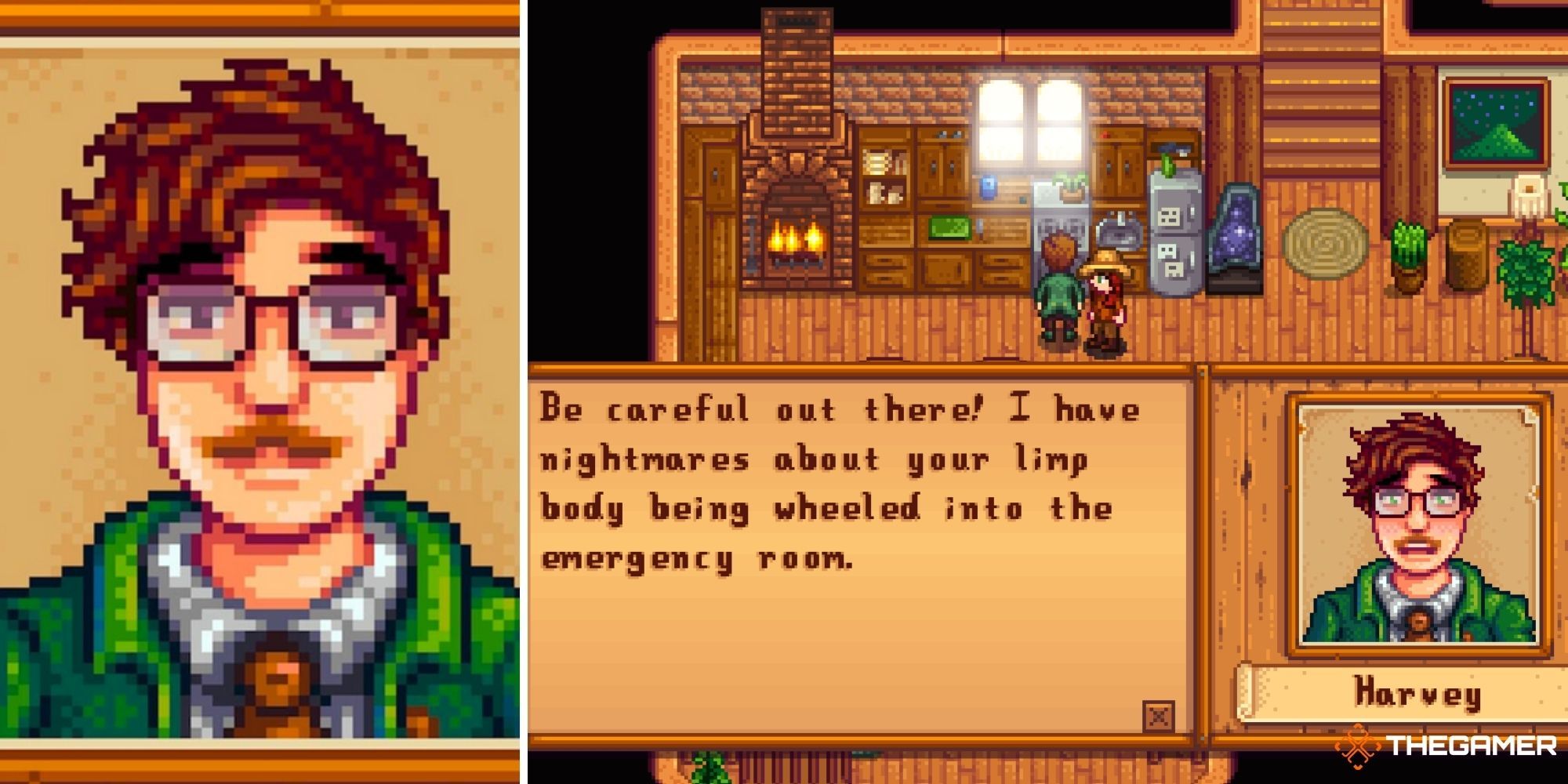 Stardew Valley Split Image - Harvey (left - closeup of face) (right - textbox of character talking)