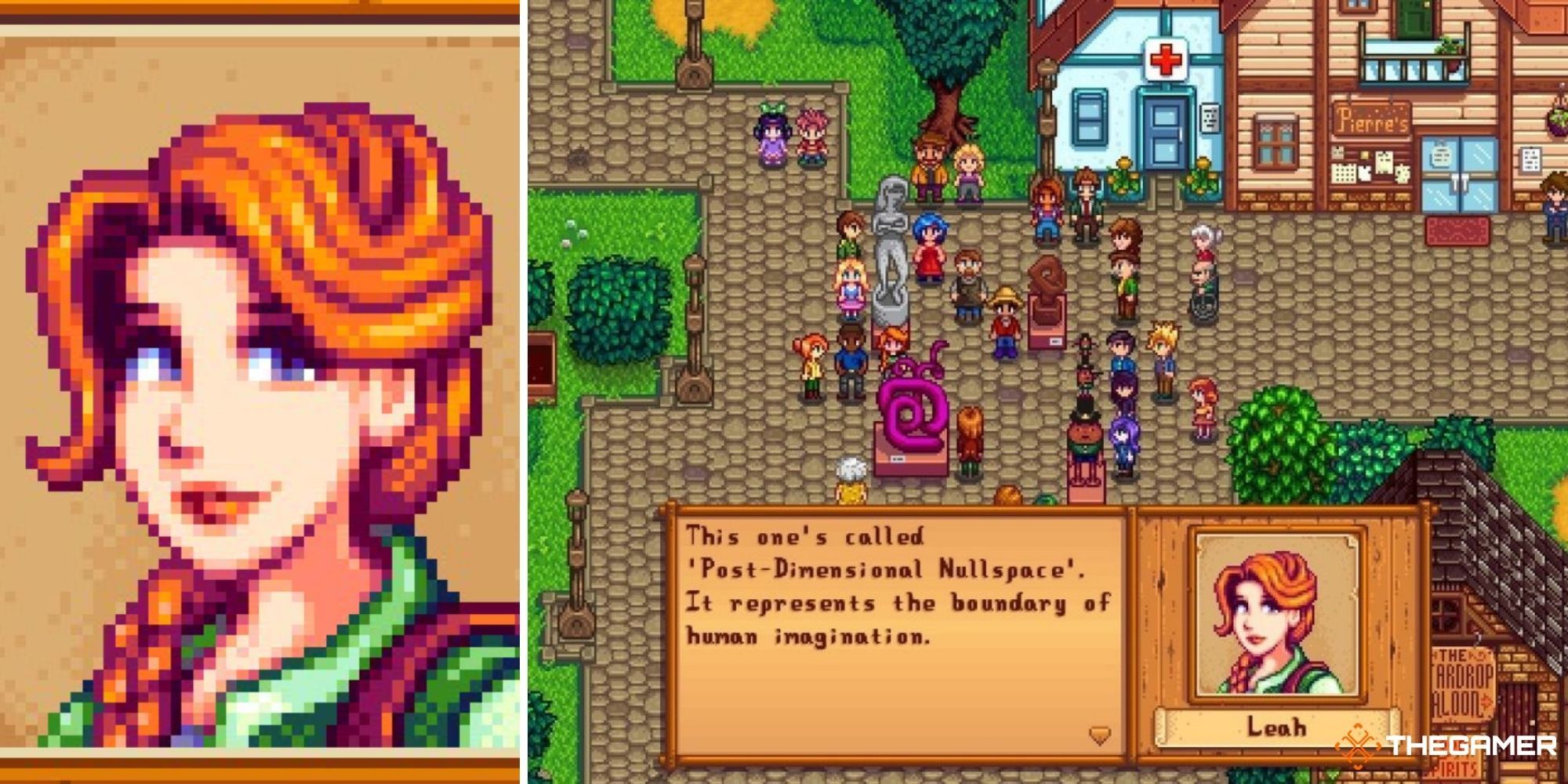 Stardew Valley Split Image - Leah (left - closeup of face) (right - textbox of character talking)