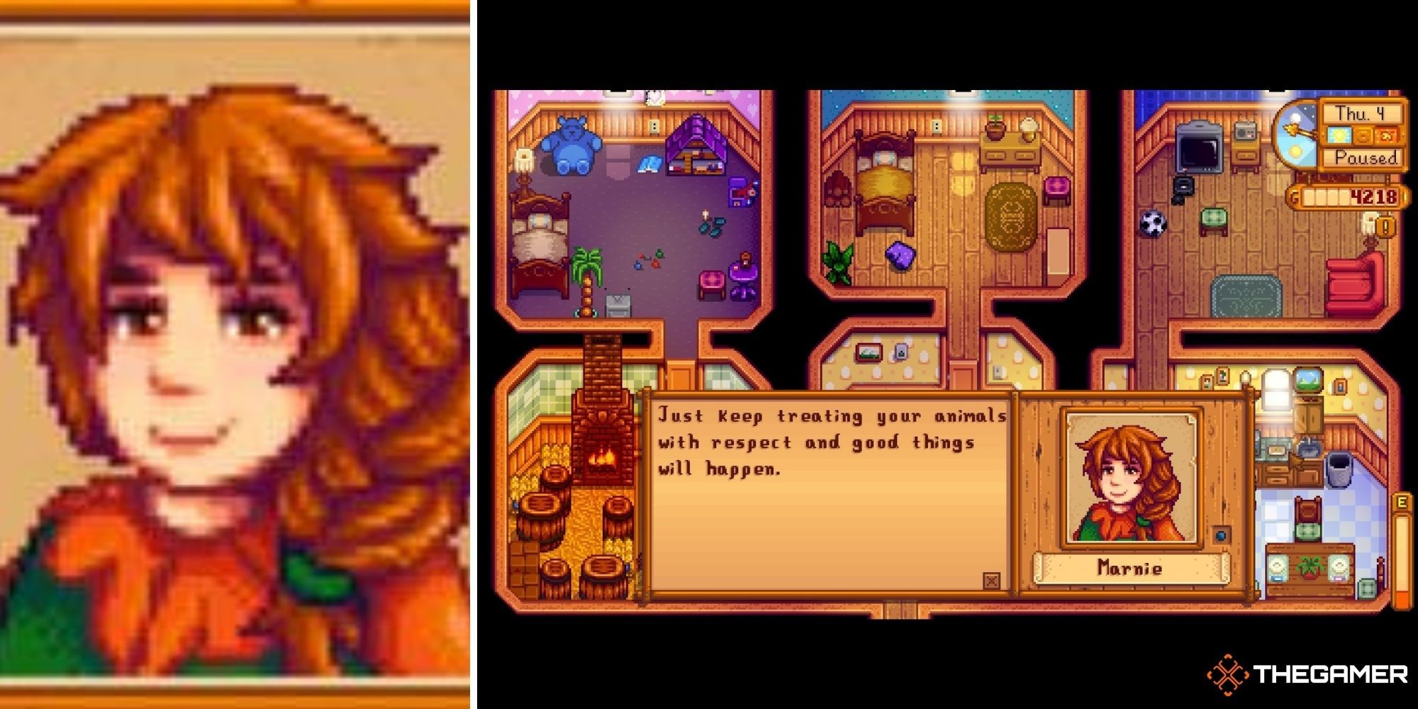 Stardew Valley Split Image - Marnie (left - closeup of face) (right - textbox of character talking)