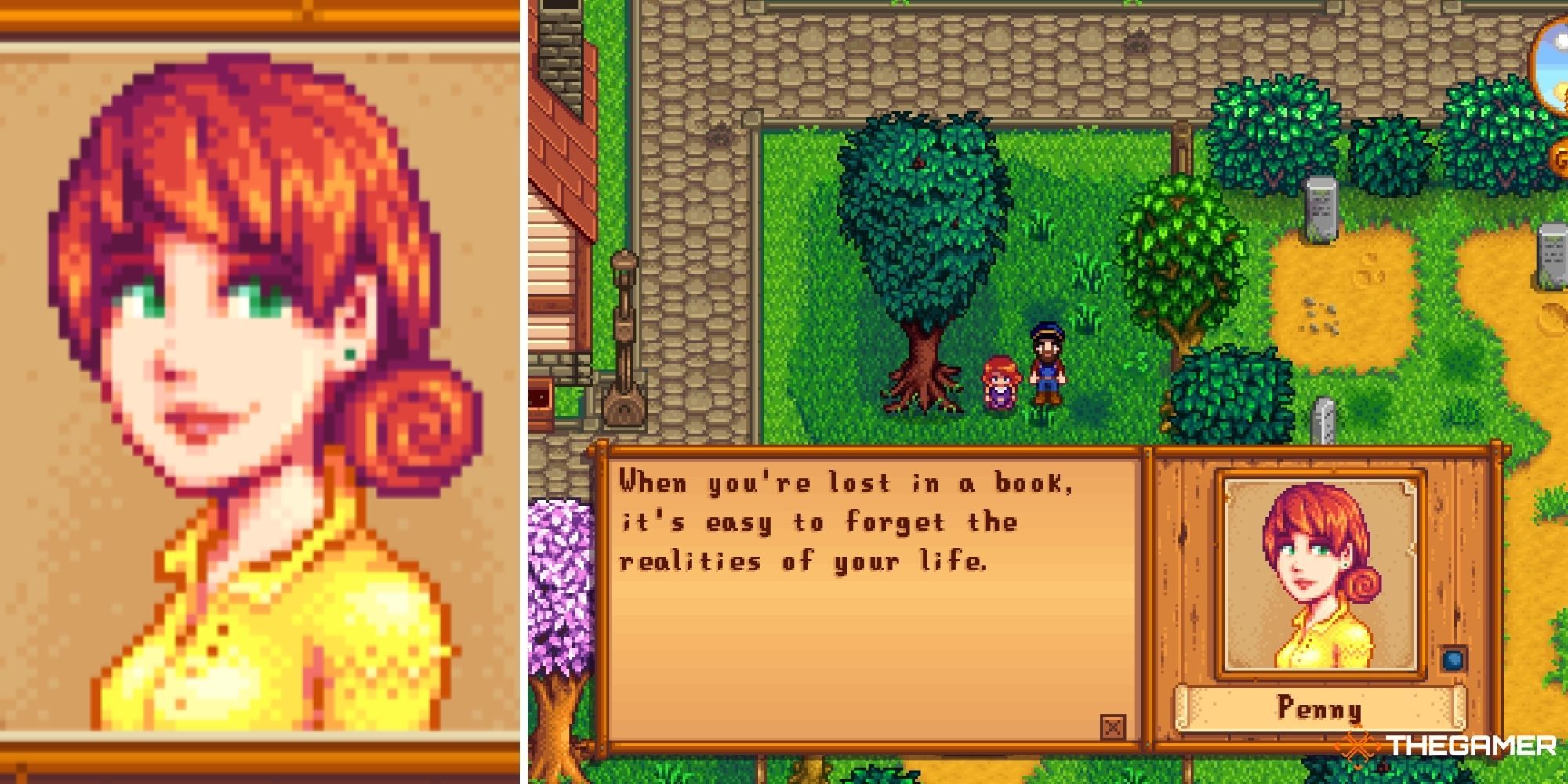 Stardew Valley Split Image - Penny (left - closeup of face) (right - textbox of character talking)