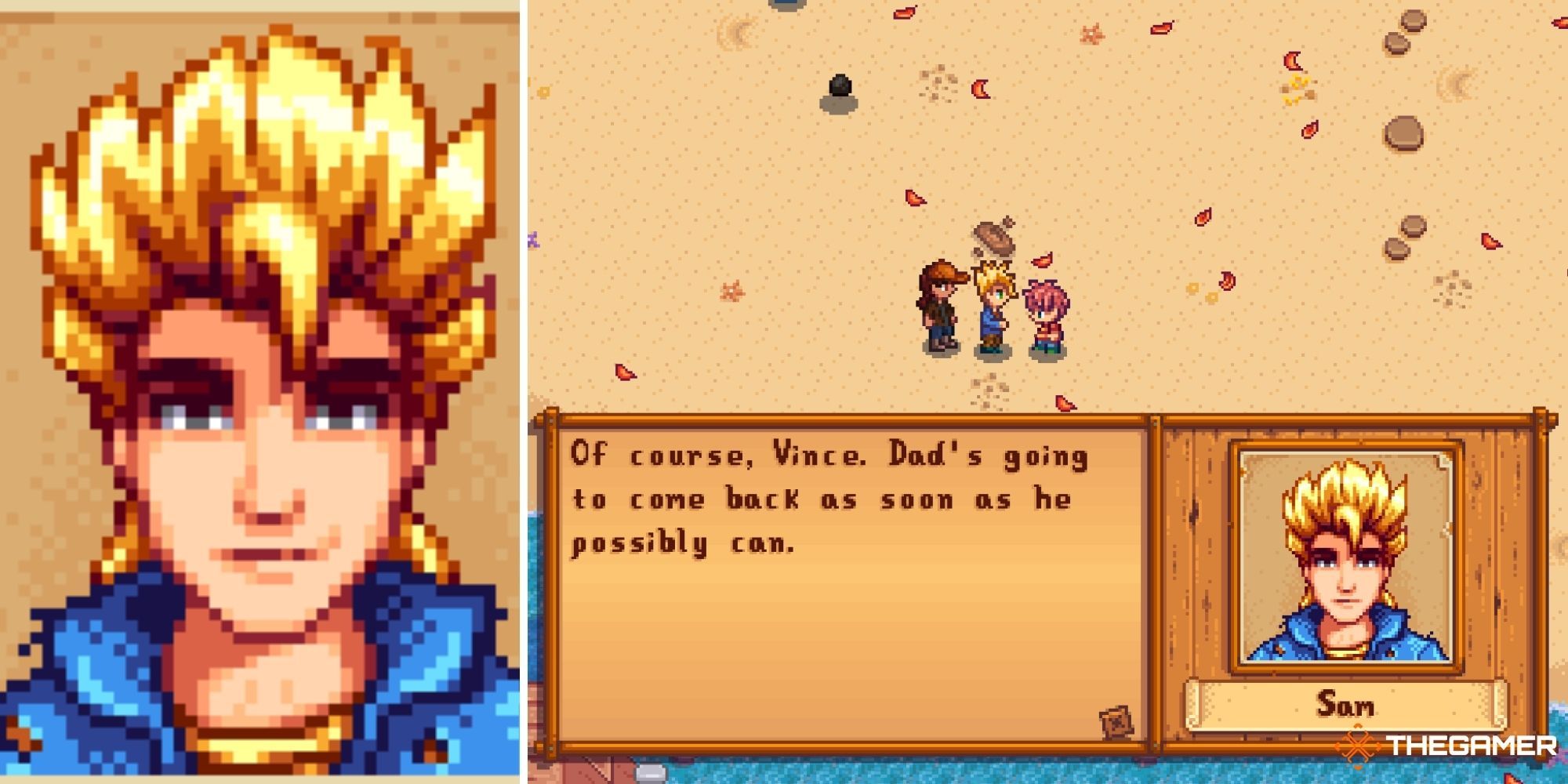 Stardew Valley Split Image - Sam (left - closeup of face) (right - textbox of character talking)