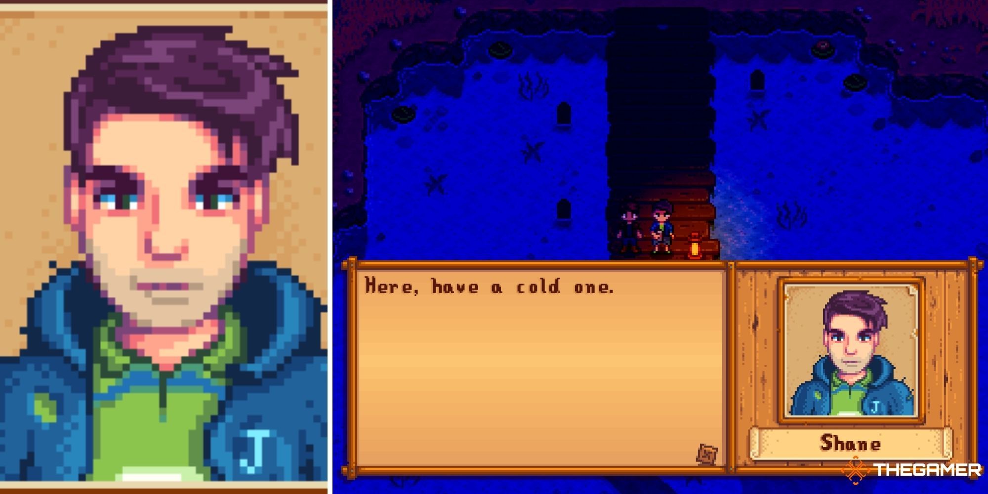 Stardew Valley Split Image - Shane (left - closeup of face) (right - textbox of character talking)