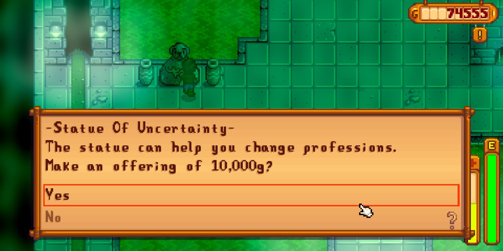 player interacting with statue of uncertainty in stardew valley sewers