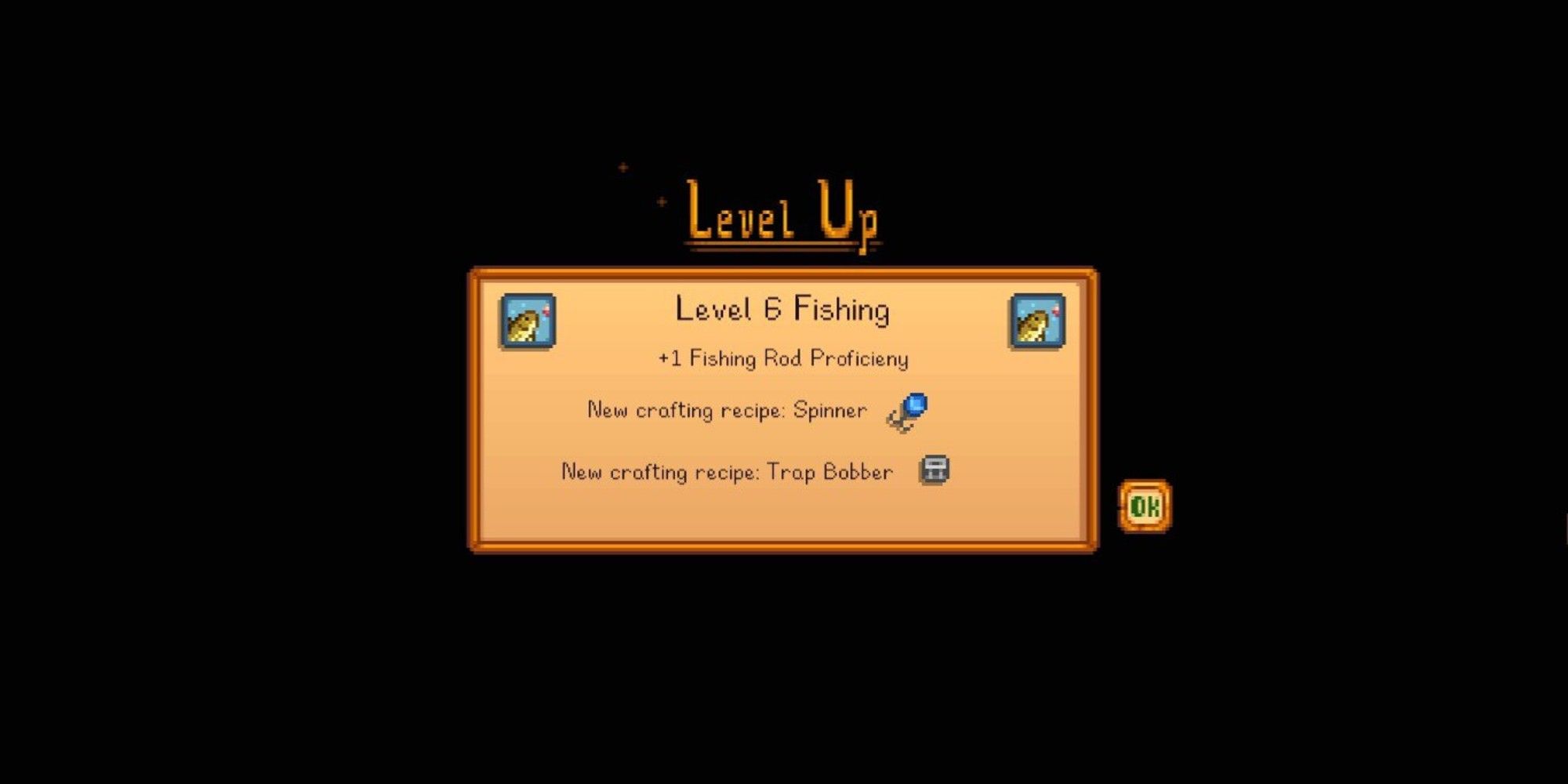 leveling up screen for level 6 fishing