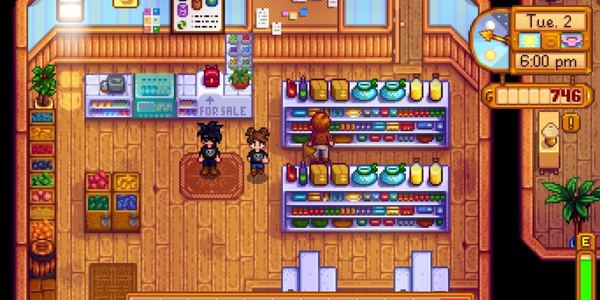 2 Stardew-Spieler tragen das gleiche Totenkopf-Shirt im Gemischtwarenladen