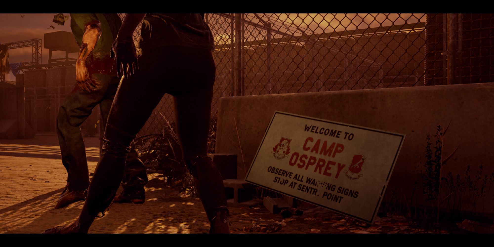 State of Decay 2 zombies walking by camp opsrey sign