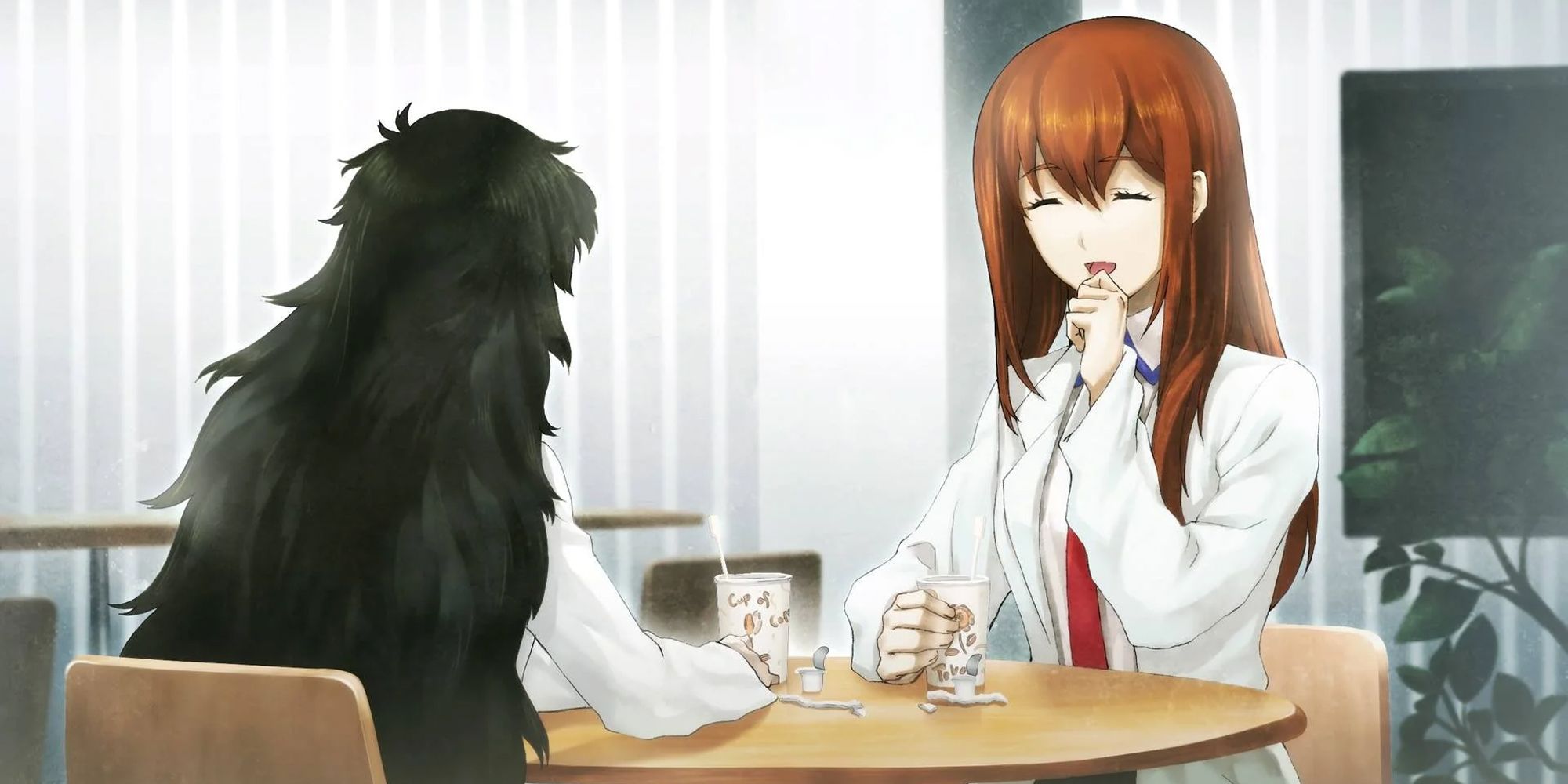 two characters from Steins;gate 0 talking at a table. 