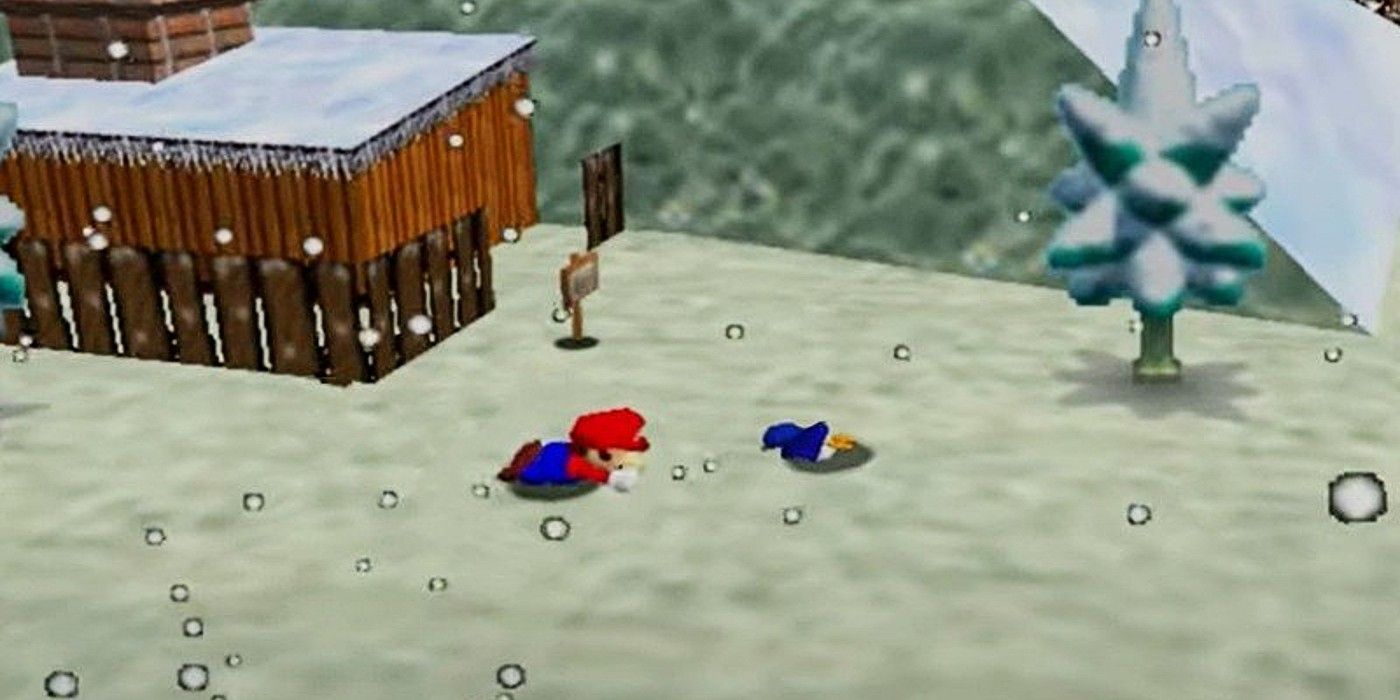 Super Mario 64 Cool Cool Mountain belly flop with penguin at resort entrance