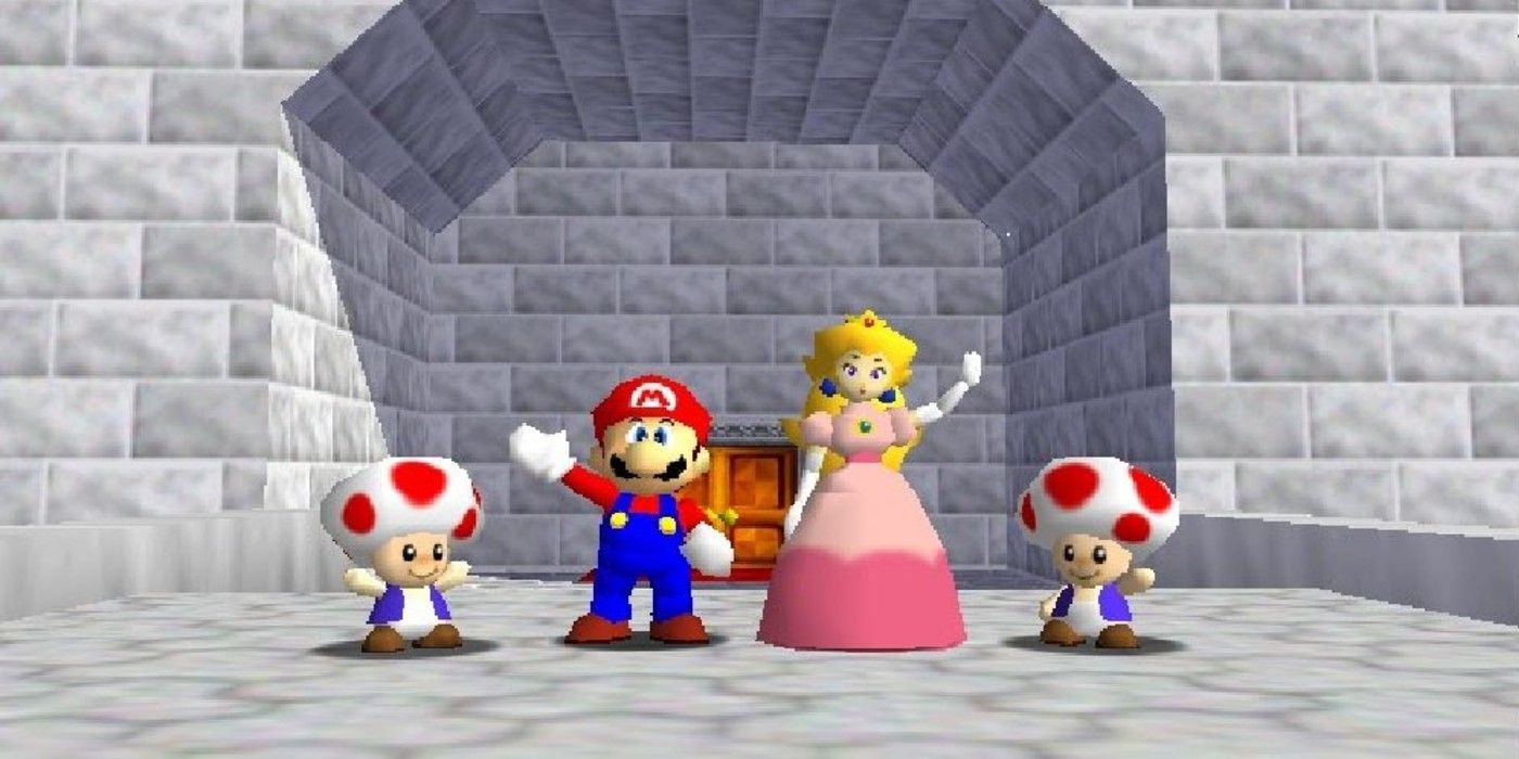 Super Mario 64 Mario and friends waving at camera in front of Peach Castle