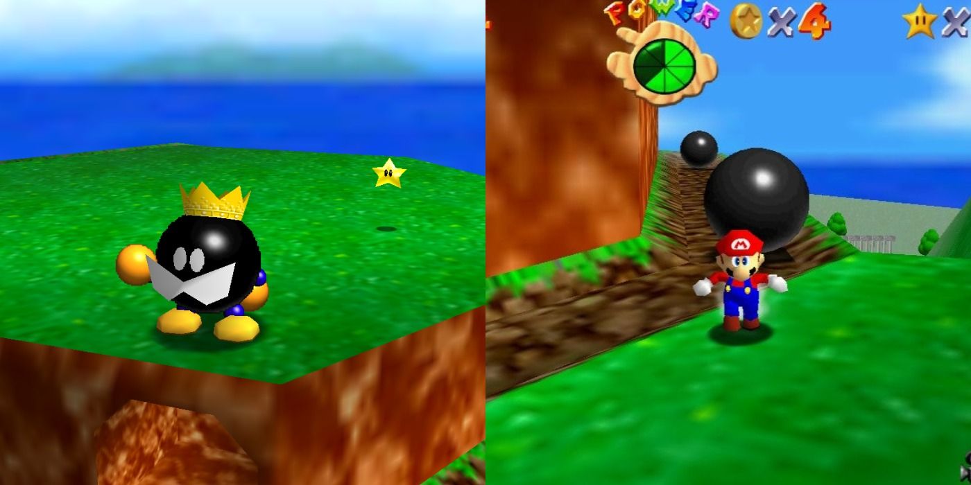 Super Mario 64 King Bob Omb rolling boulders split image