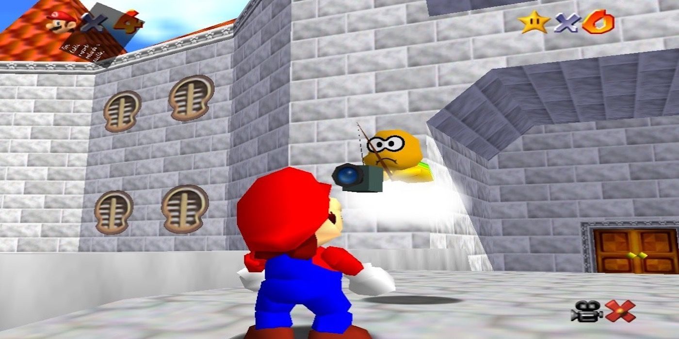 Super Mario 64 Lakitu looking at Mario at Peach Castle entrance