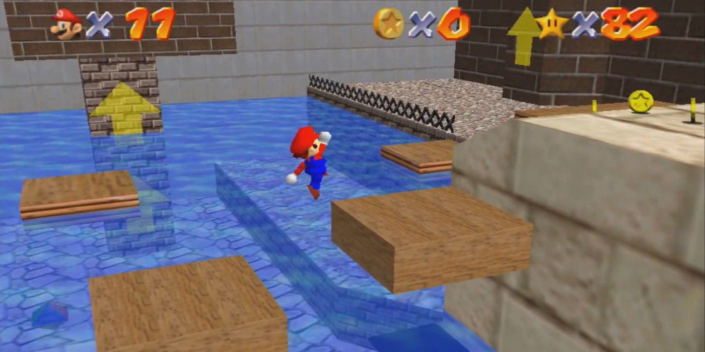 Super Mario 64 Wet-Dry World Mario jumping on water floating wood platforms
