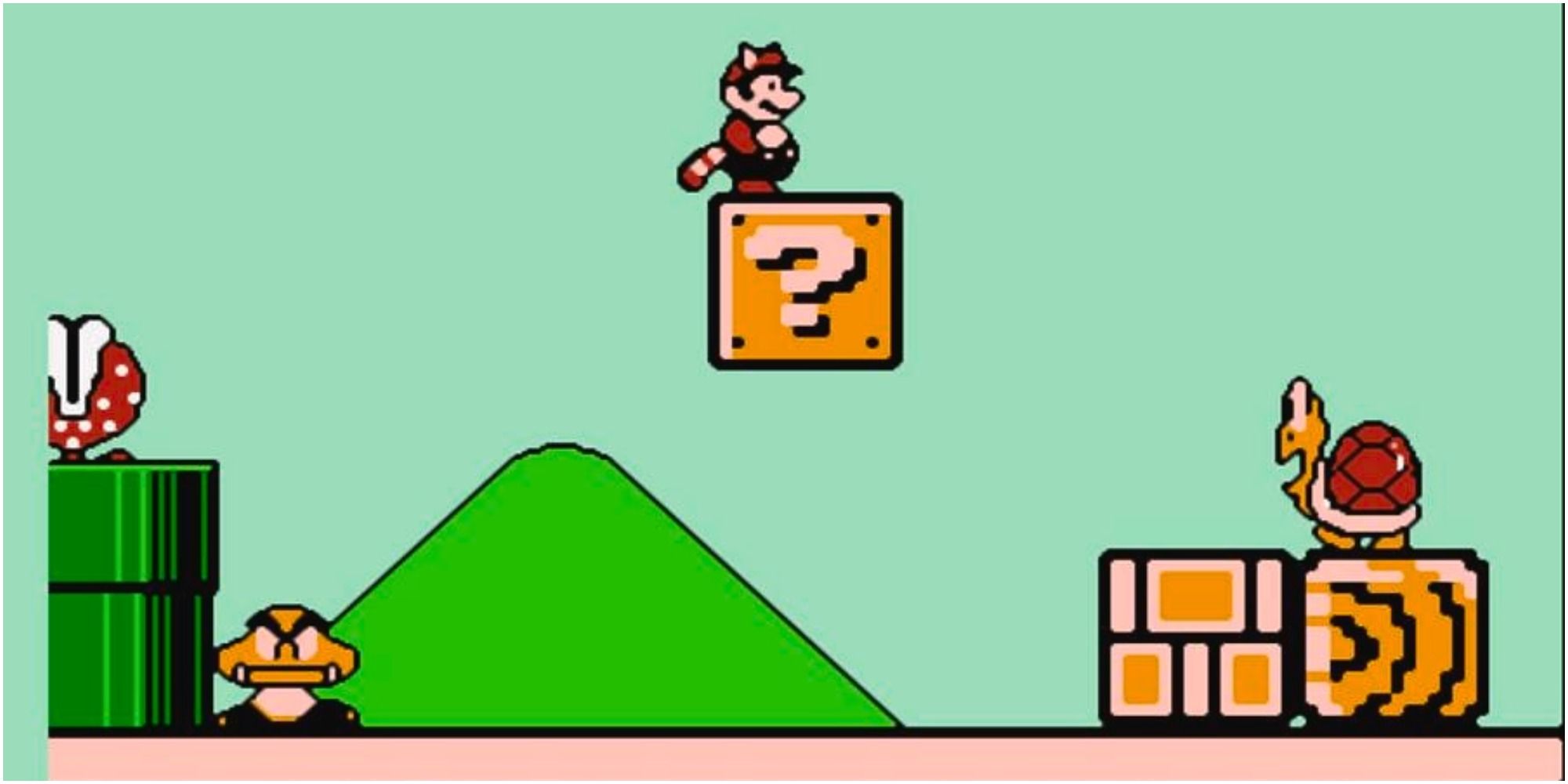 Mario standing on a block in Giant World from Super Mario Bros. 3.